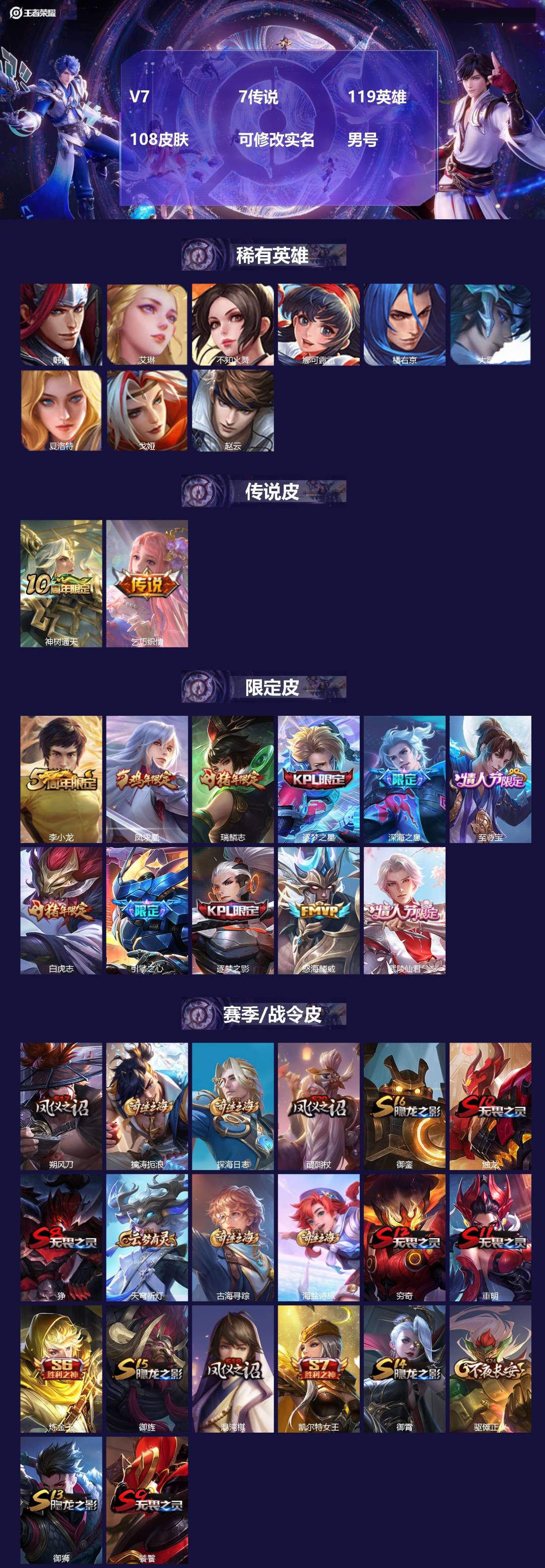 王者荣耀账号苹果QQ119英雄-108皮肤-[]V7 7传说 119英雄 108皮肤 可修改实名 男号 
【稀有英雄】大