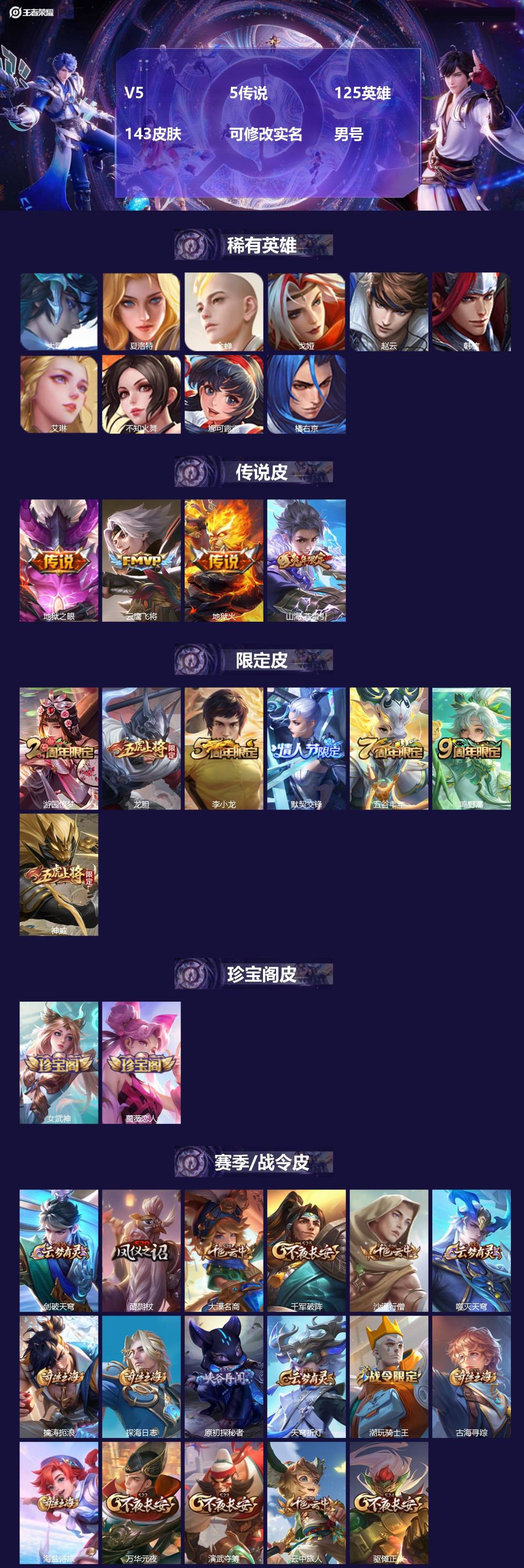 王者荣耀账号安卓QQ[]V5 5传说 125英雄 143皮肤 可修改实名 男号 
【稀有英雄】大司命,韩信(韩跳跳),夏
