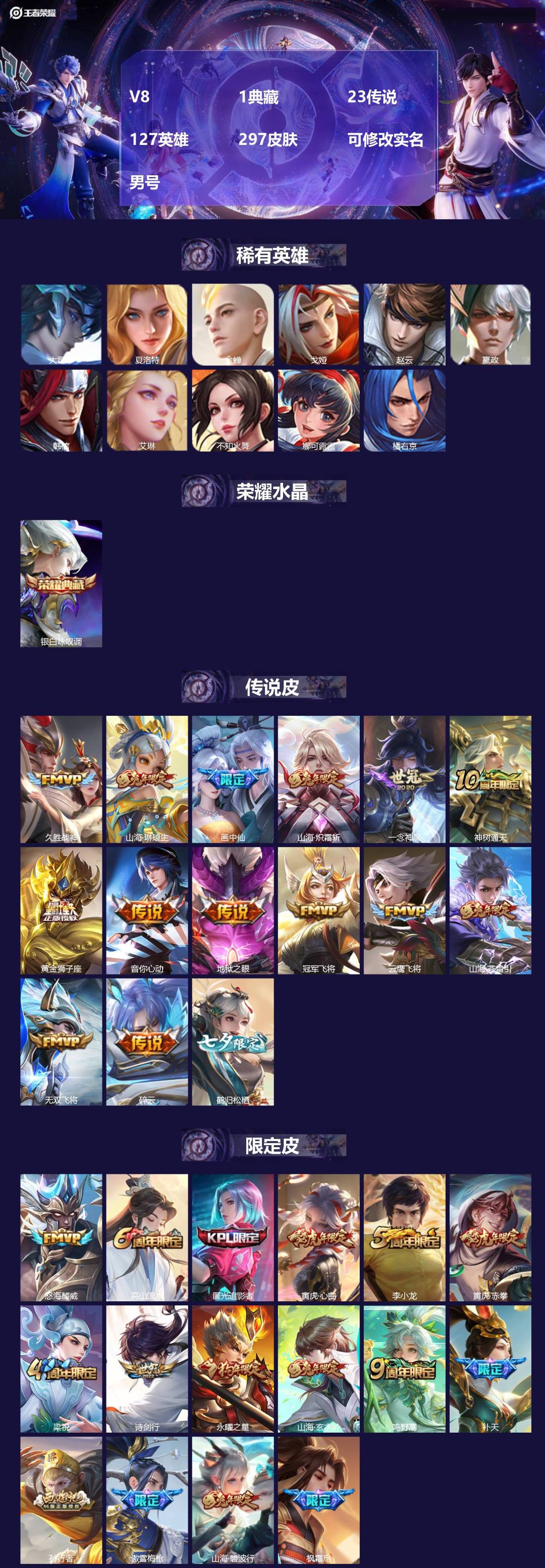 王者荣耀账号安卓QQ[]V8 1典藏 23传说 127英雄 297皮肤 可修改实名 男号 
【英雄全皮】空空儿全皮,狂铁