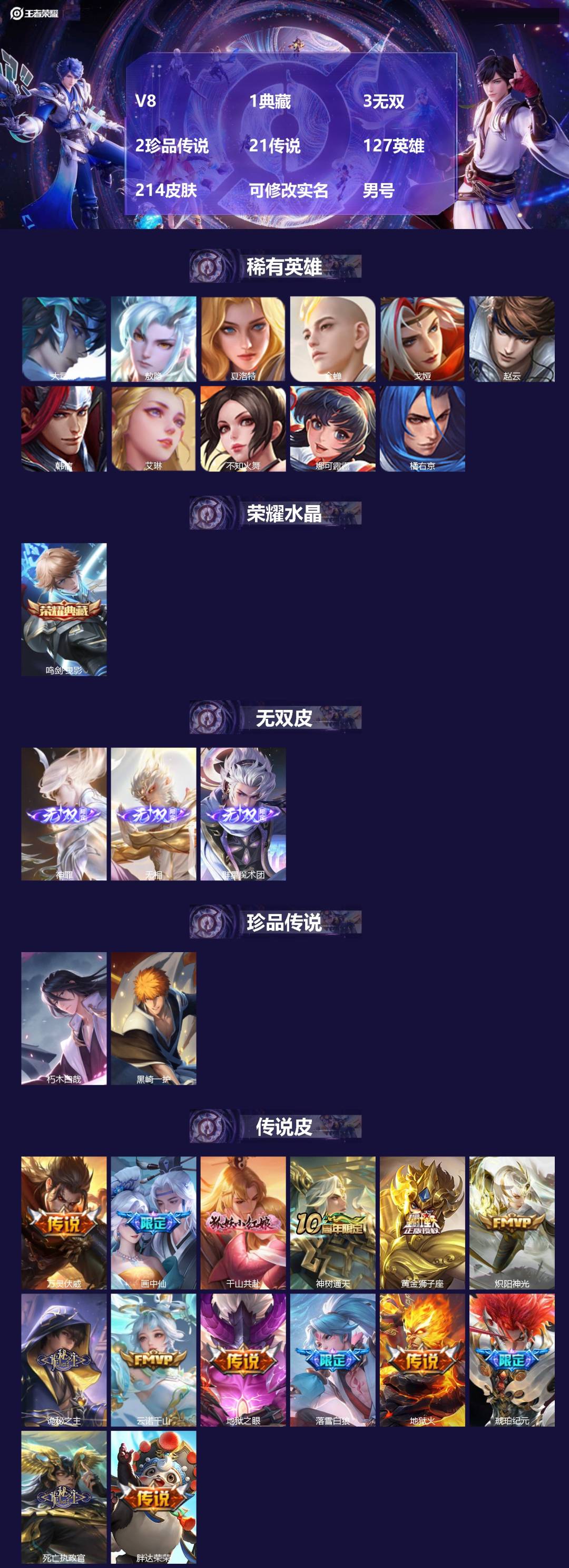 王者荣耀账号苹果VXV8 1典藏 3无双 2珍品传说 21传说 127英雄 214皮肤 可修改实名 男号 
【英雄全皮】