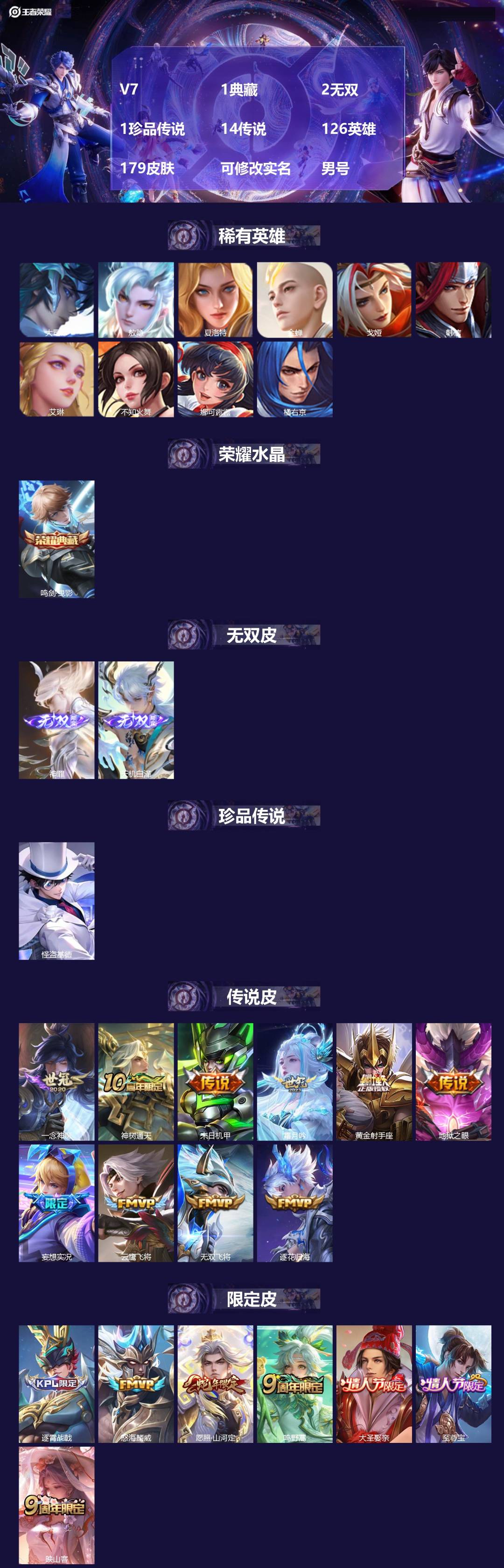 王者荣耀账号安卓QQ[]V7 1典藏 2无双 1珍品传说 14传说 126英雄 179皮肤 可修改实名 男号 
【英雄全