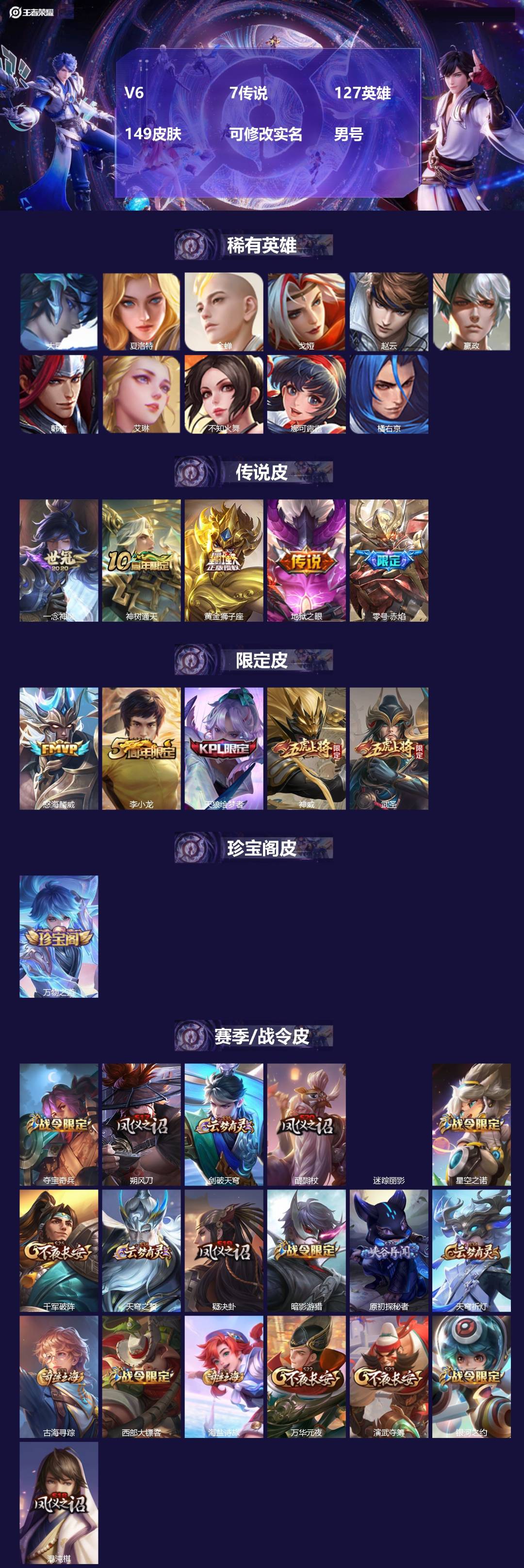 王者荣耀账号安卓QQ127英雄-149皮肤-[]V6 7传说 127英雄 149皮肤 可修改实名 男号 
【英雄全皮】大