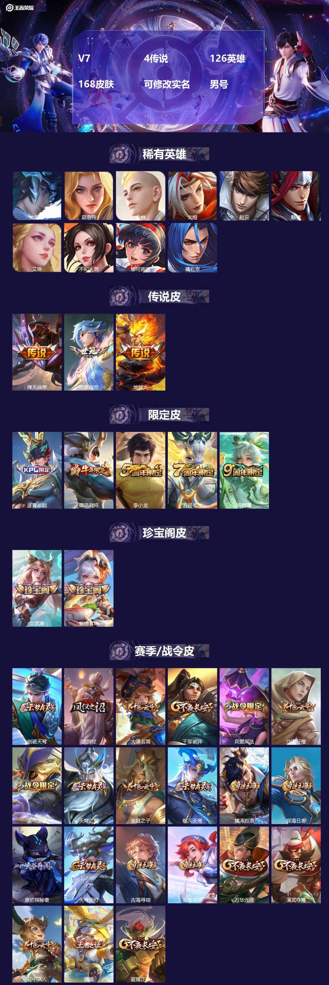 王者荣耀账号安卓VX[]V7 4传说 126英雄 168皮肤 可修改实名 男号 
【英雄全皮】影全皮,大禹全皮
【稀有英