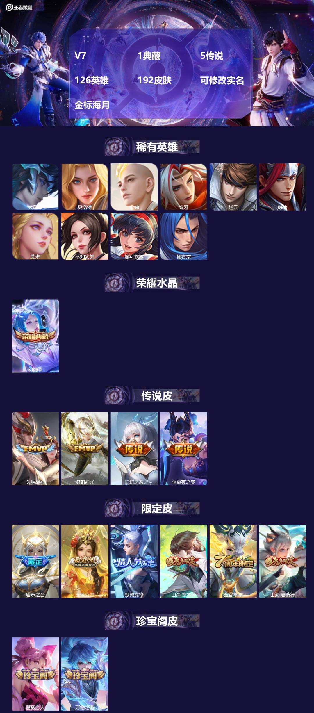 王者荣耀账号苹果QQV7 1典藏 5传说 126英雄 192皮肤 可修改实名 金标海月
【英雄全皮】蚩奼全皮,大禹全皮
