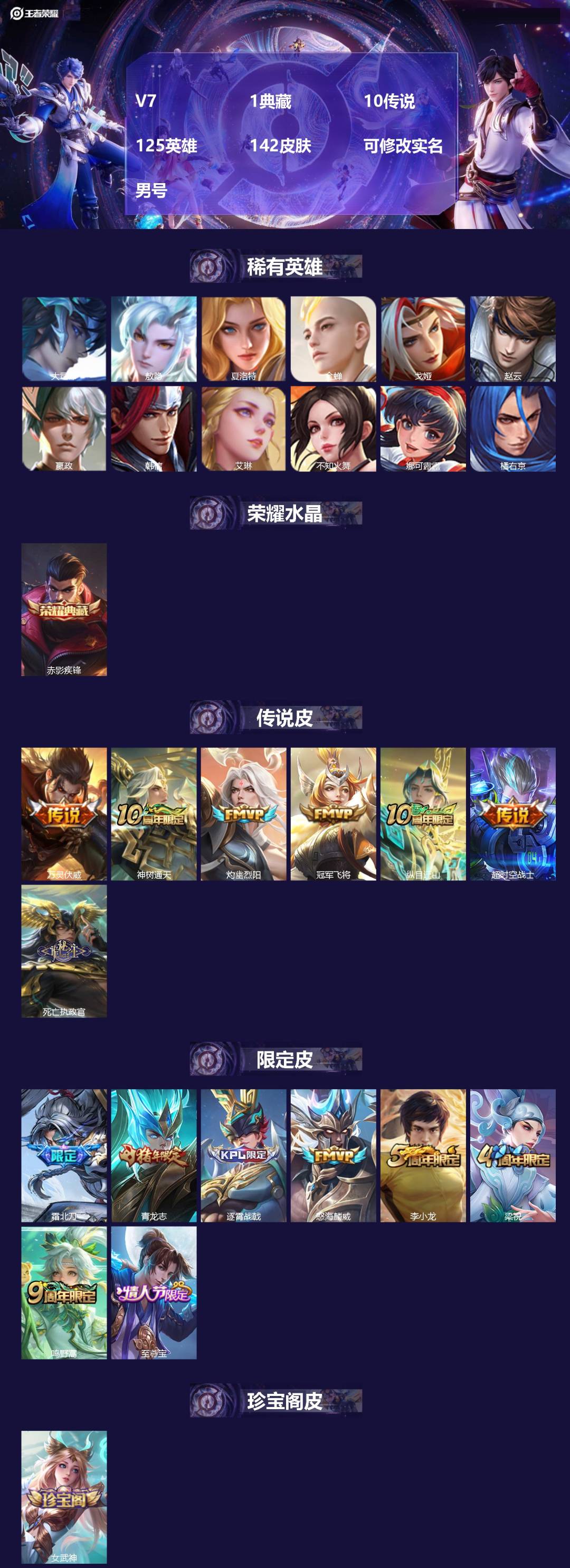 王者荣耀账号安卓QQ[]V7 1典藏 10传说 125英雄 142皮肤 可修改实名 男号 
【稀有英雄】敖隐(小龙人),