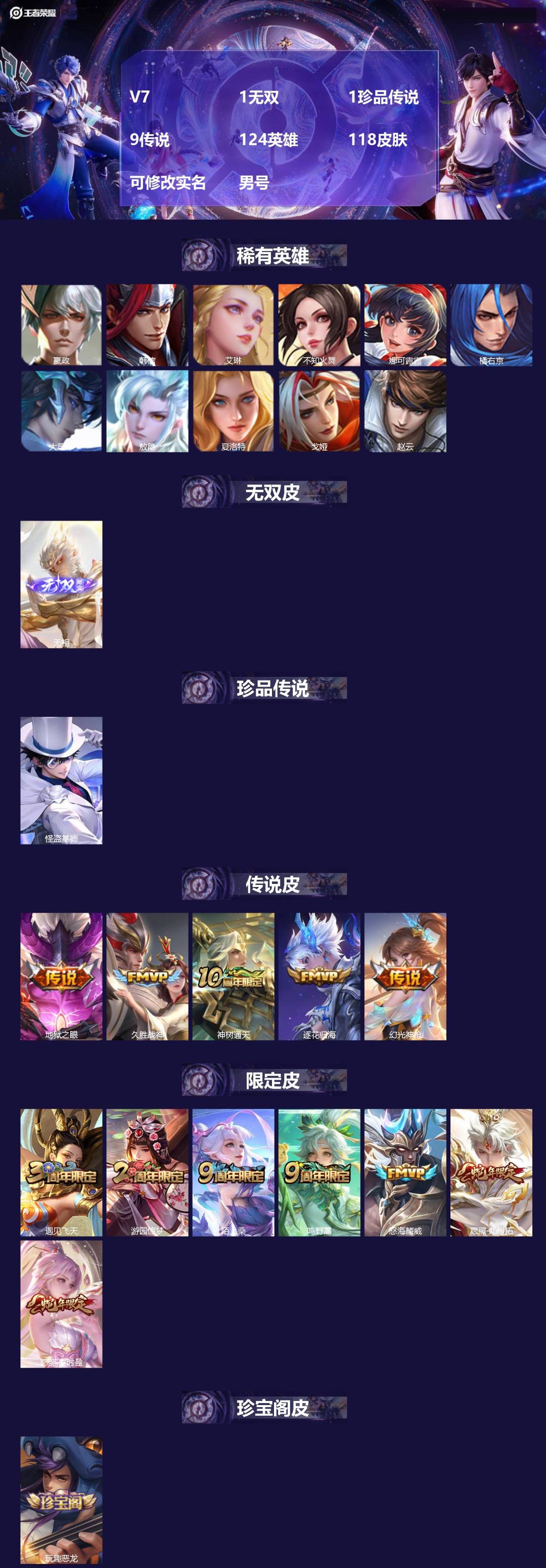 王者荣耀账号安卓QQ[]V7 1无双 1珍品传说 9传说 124英雄 118皮肤 可修改实名 男号 
【英雄全皮】蚩奼全