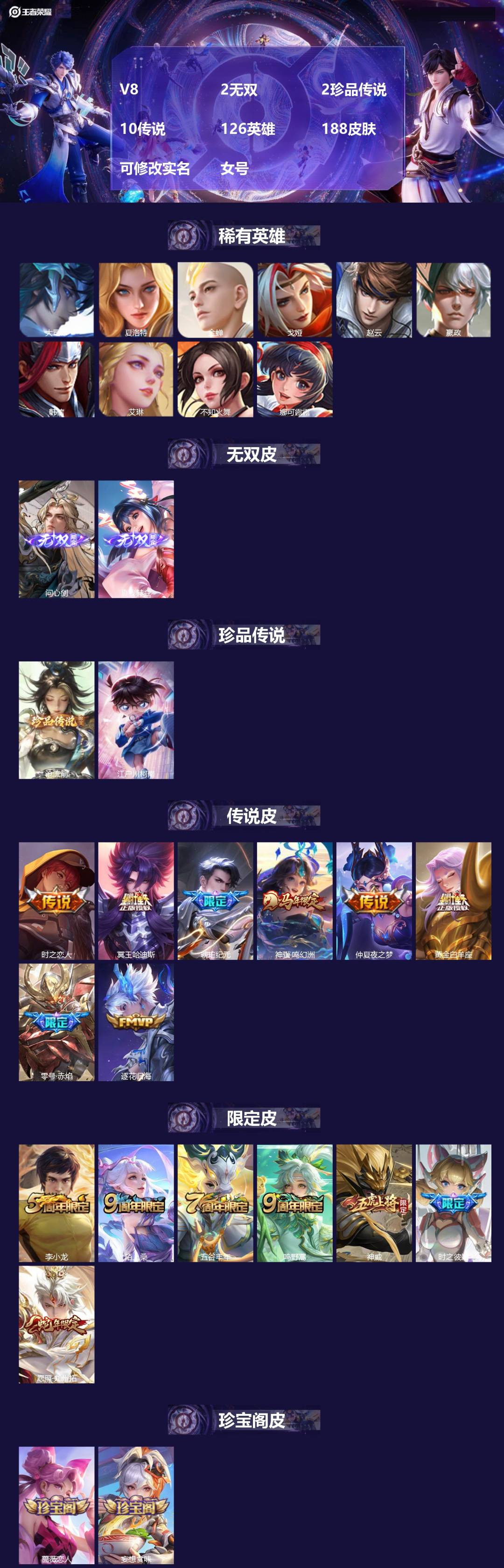 王者荣耀账号安卓QQ[]V8 2无双 2珍品传说 10传说 126英雄 188皮肤 可修改实名 女号 
【英雄全皮】大禹