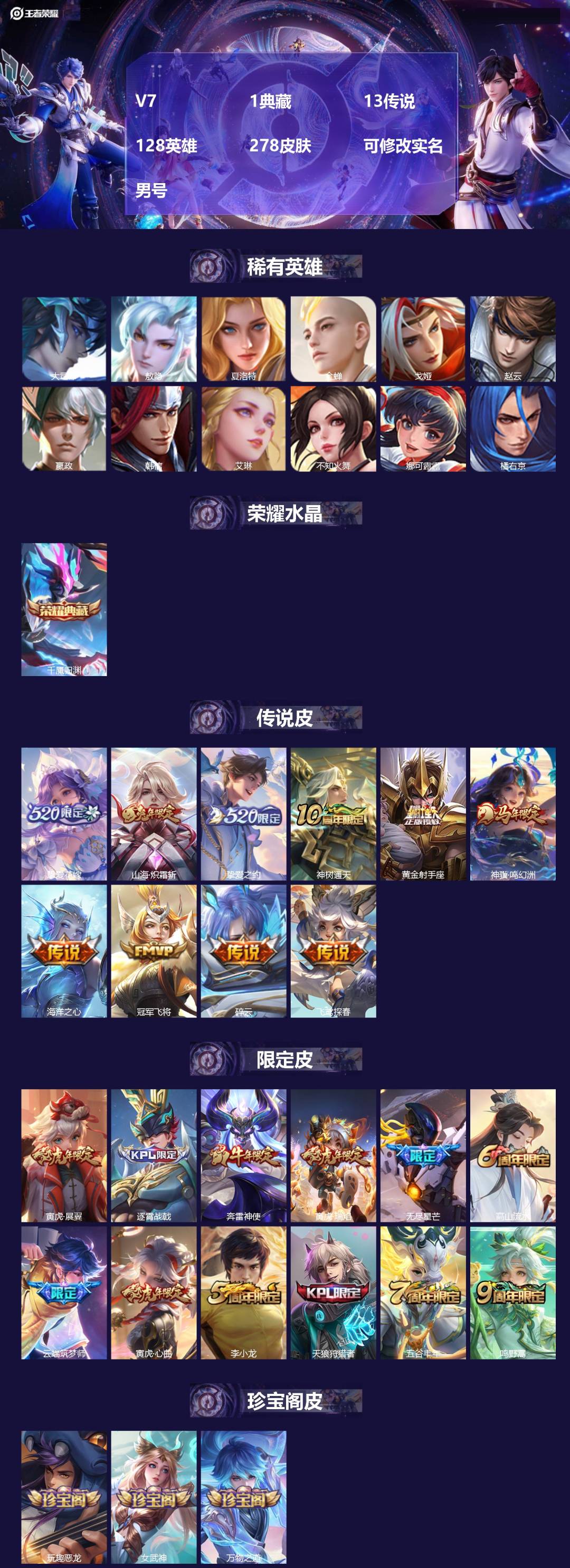 王者荣耀账号安卓QQ[17722205]V7 1典藏 13传说 128英雄 278皮肤 可修改实名 男号 
【英雄全皮】