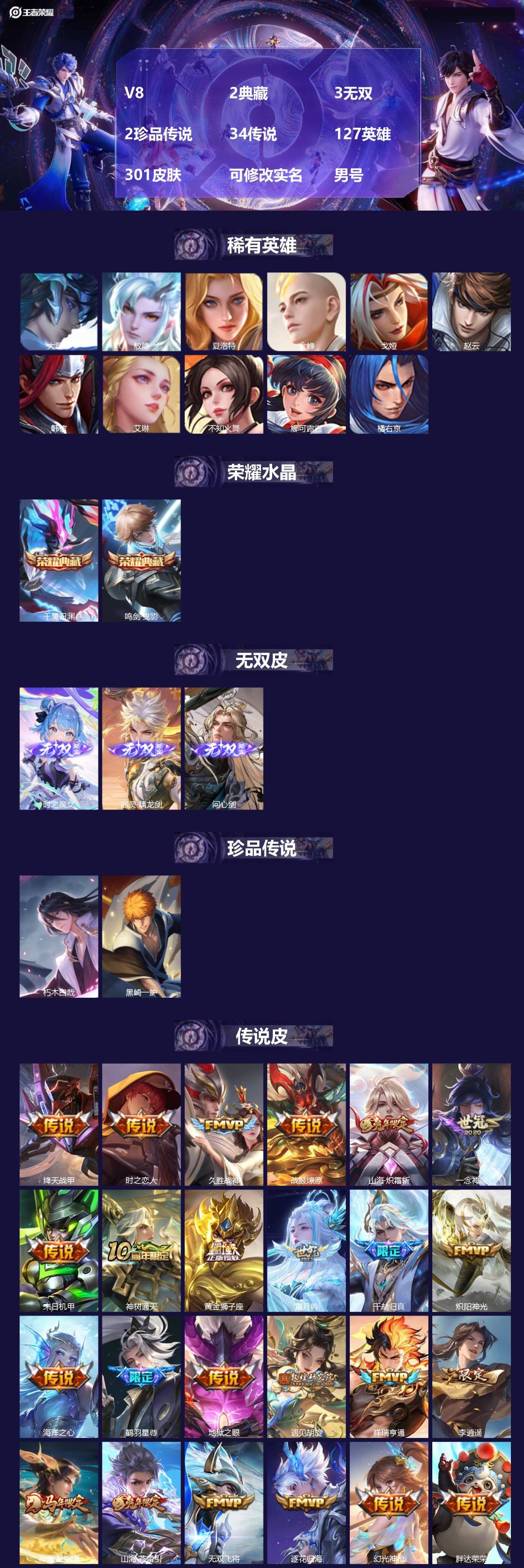 王者荣耀账号苹果QQ[]V8 2典藏 3无双 2珍品传说 34传说 127英雄 301皮肤 可修改实名 男号 
【英雄全