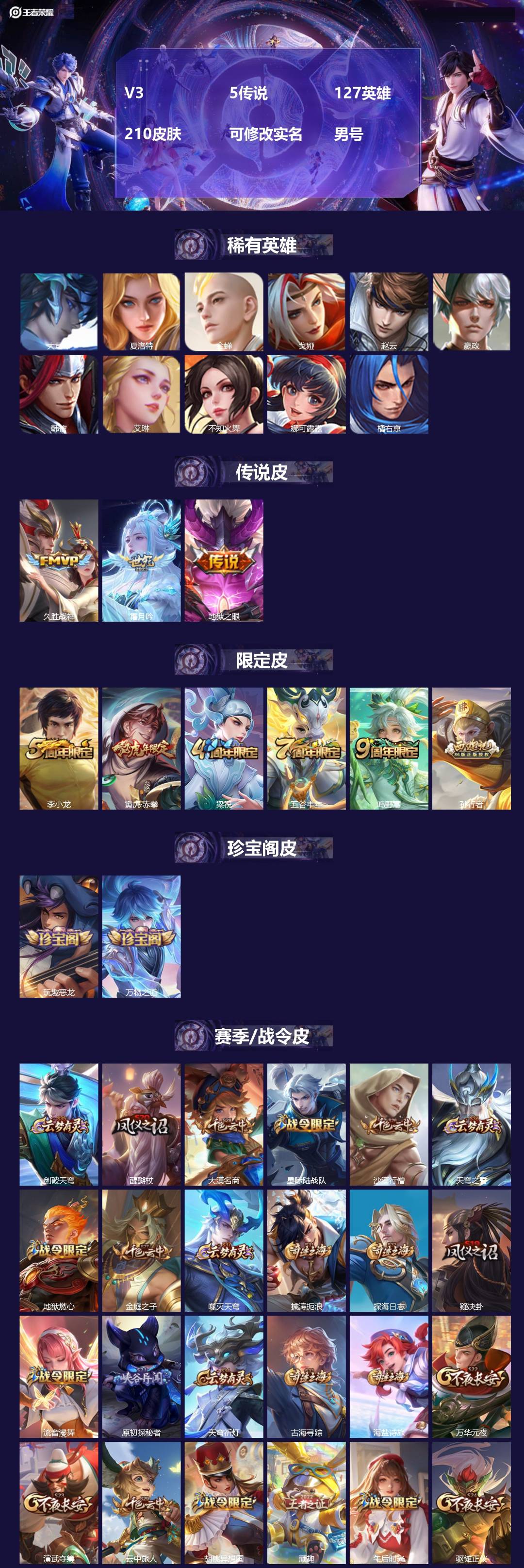 王者荣耀账号苹果QQV3 5传说 127英雄 210皮肤 可修改实名 男号 
【英雄全皮】大禹全皮
【稀有英雄】大司命,