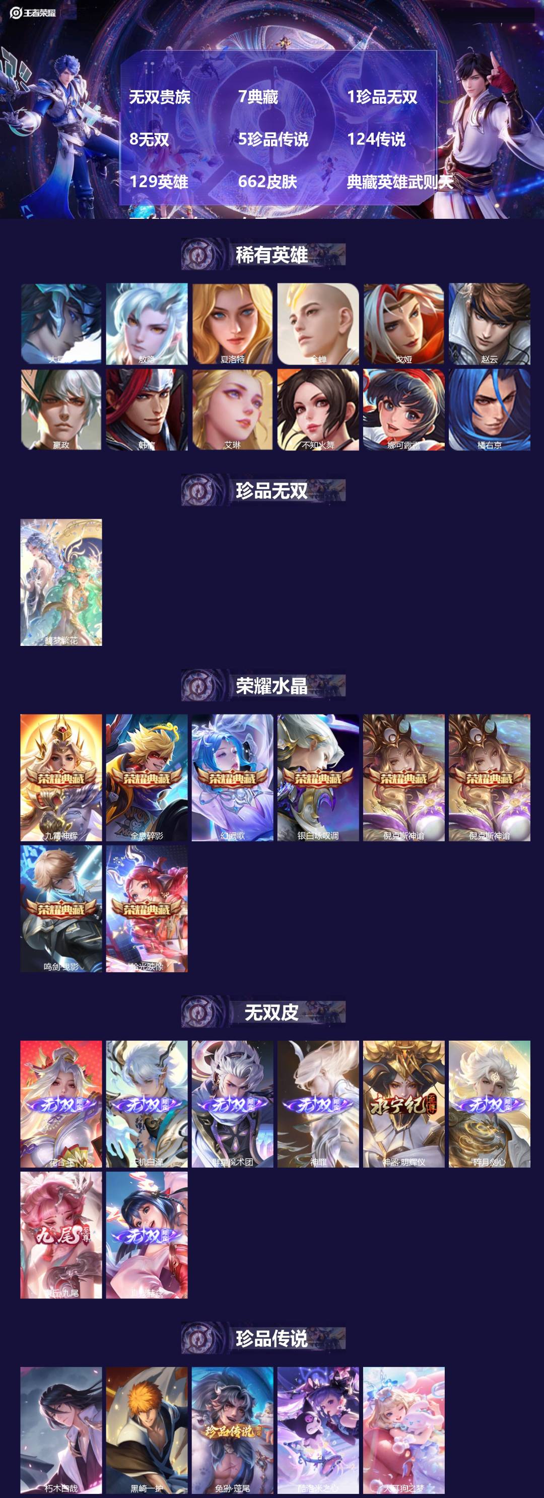 王者荣耀账号安卓QQ129英雄-663皮肤-[]无双贵族 7典藏 1珍品无双 8无双 5珍品传说 124传说 129英雄