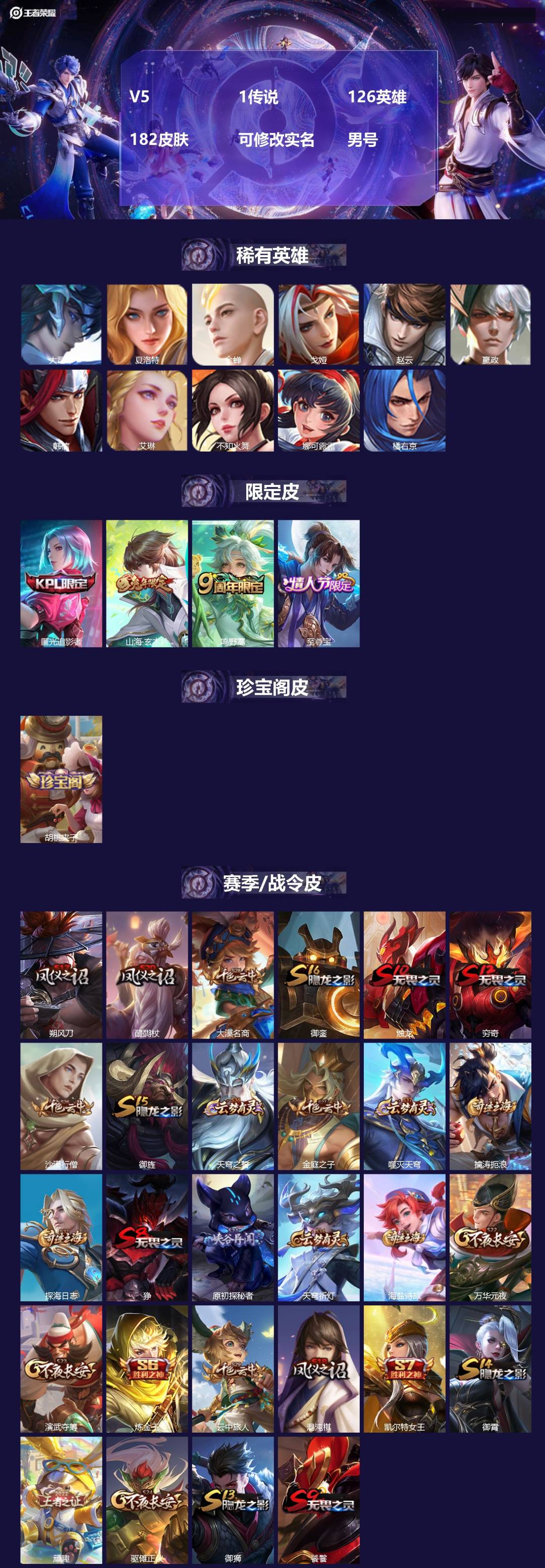 王者荣耀账号安卓QQ126英雄-182皮肤-[]V5 1传说 126英雄 182皮肤 可修改实名 男号 
【稀有英雄】大