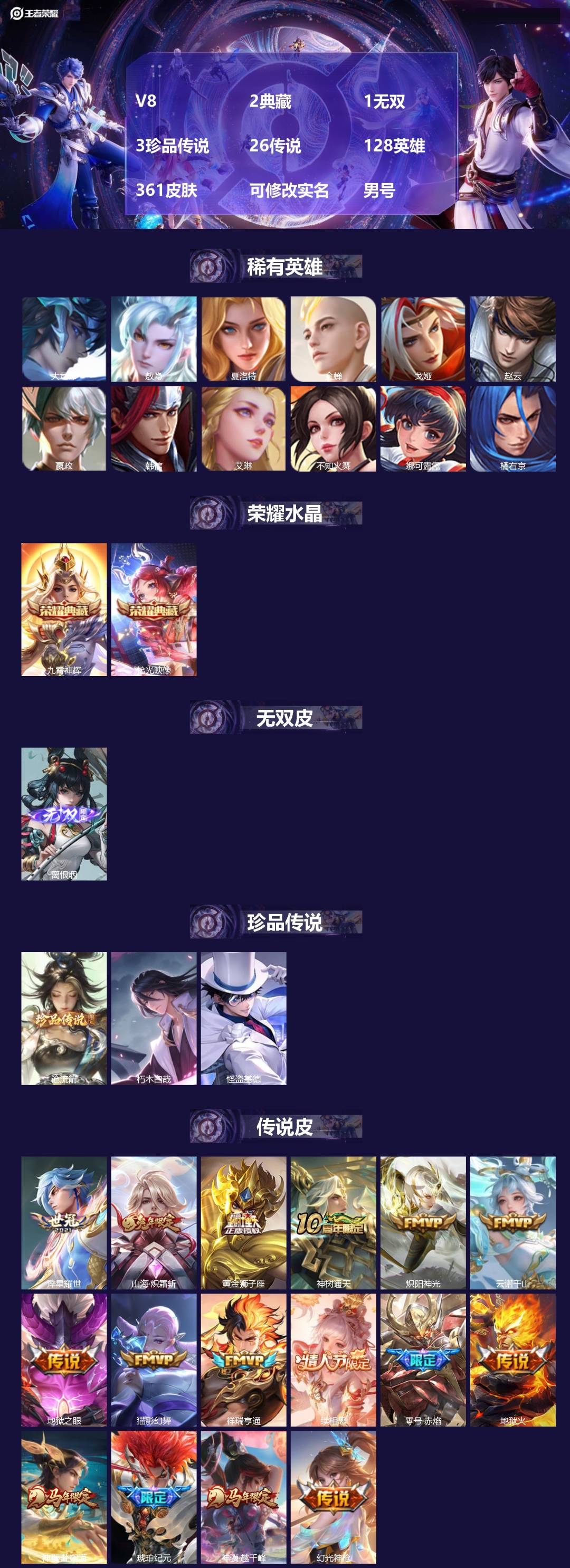 王者荣耀账号苹果QQV8 2典藏 1无双 3珍品传说 26传说 128英雄 361皮肤 可修改实名 男号 
【英雄全皮】