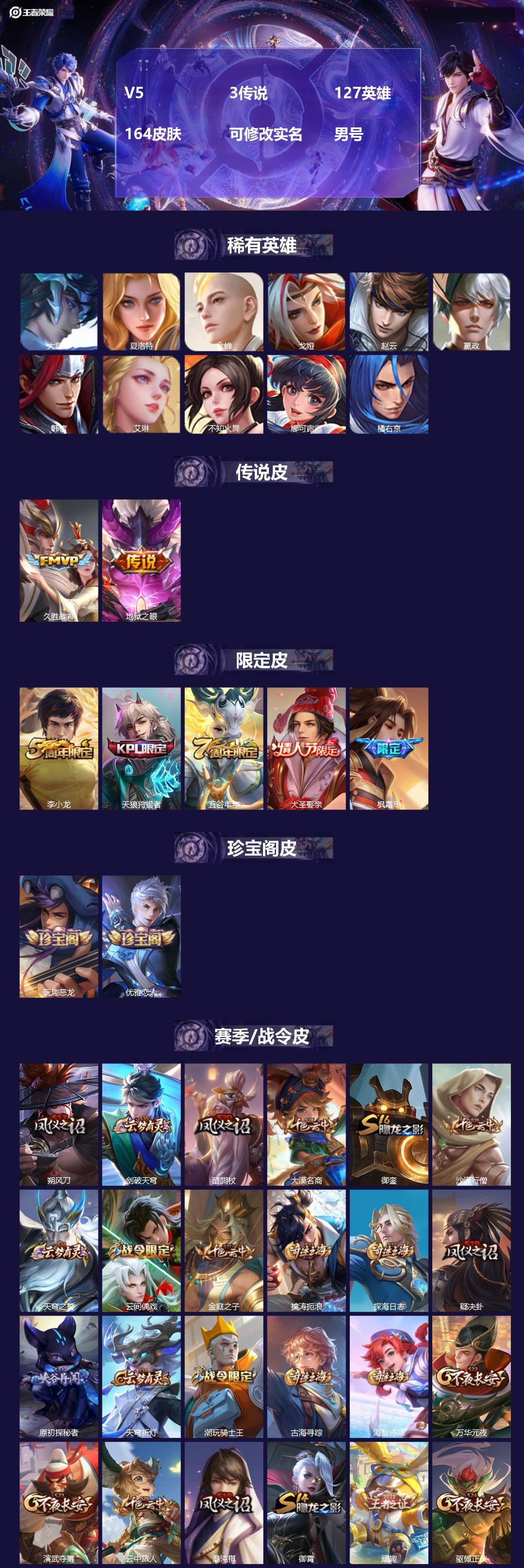 王者荣耀账号安卓QQ[]V5 3传说 127英雄 164皮肤 可修改实名 男号 
【英雄全皮】孙权全皮,蚩奼全皮,大禹全