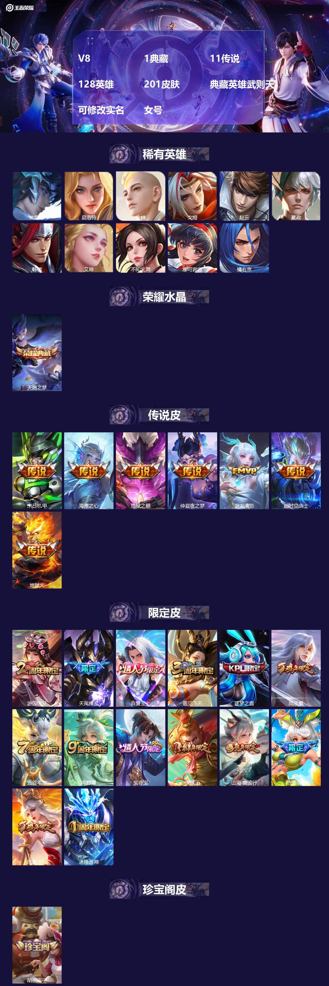 王者荣耀账号安卓QQ[]V8 1典藏 11传说 128英雄 201皮肤 典藏英雄武则天 可修改实名 女号 
【英雄全皮】