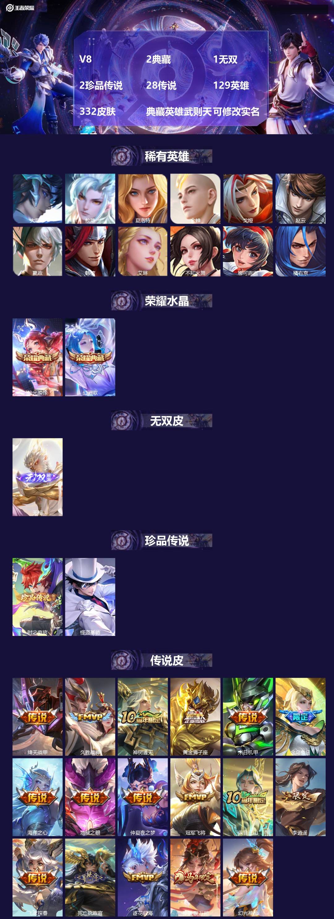 王者荣耀账号安卓VX[]V8 2典藏 1无双 2珍品传说 28传说 129英雄 332皮肤 典藏英雄武则天 可修改实名 