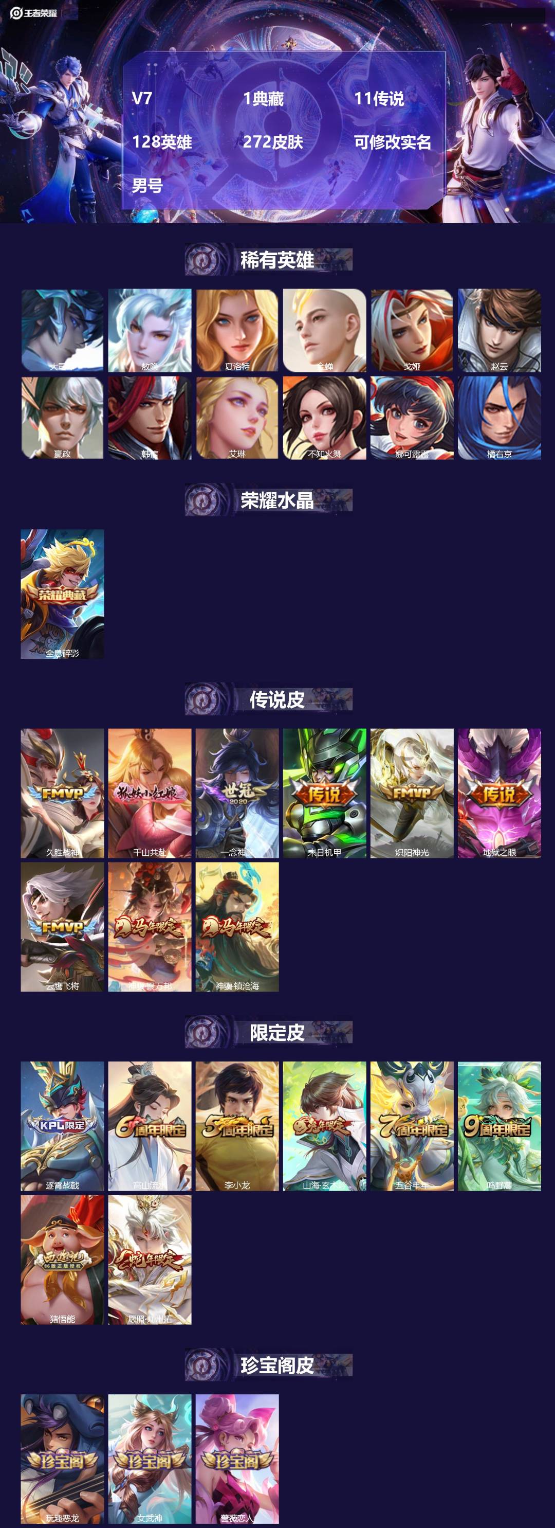 王者荣耀账号安卓QQ[17774958]V7 1典藏 11传说 128英雄 272皮肤 可修改实名 男号 
【英雄全皮】