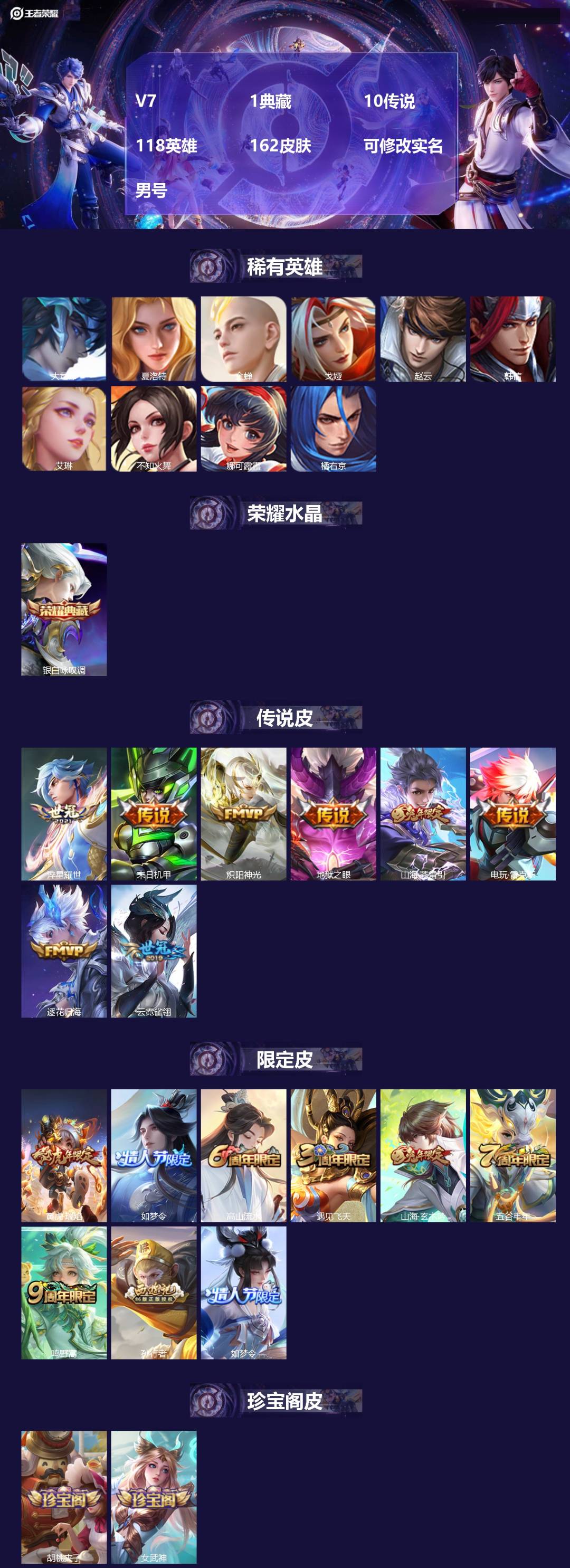 王者荣耀账号安卓QQV7 1典藏 10传说 118英雄 162皮肤 可修改实名 男号 
【稀有英雄】大司命,韩信(韩跳跳