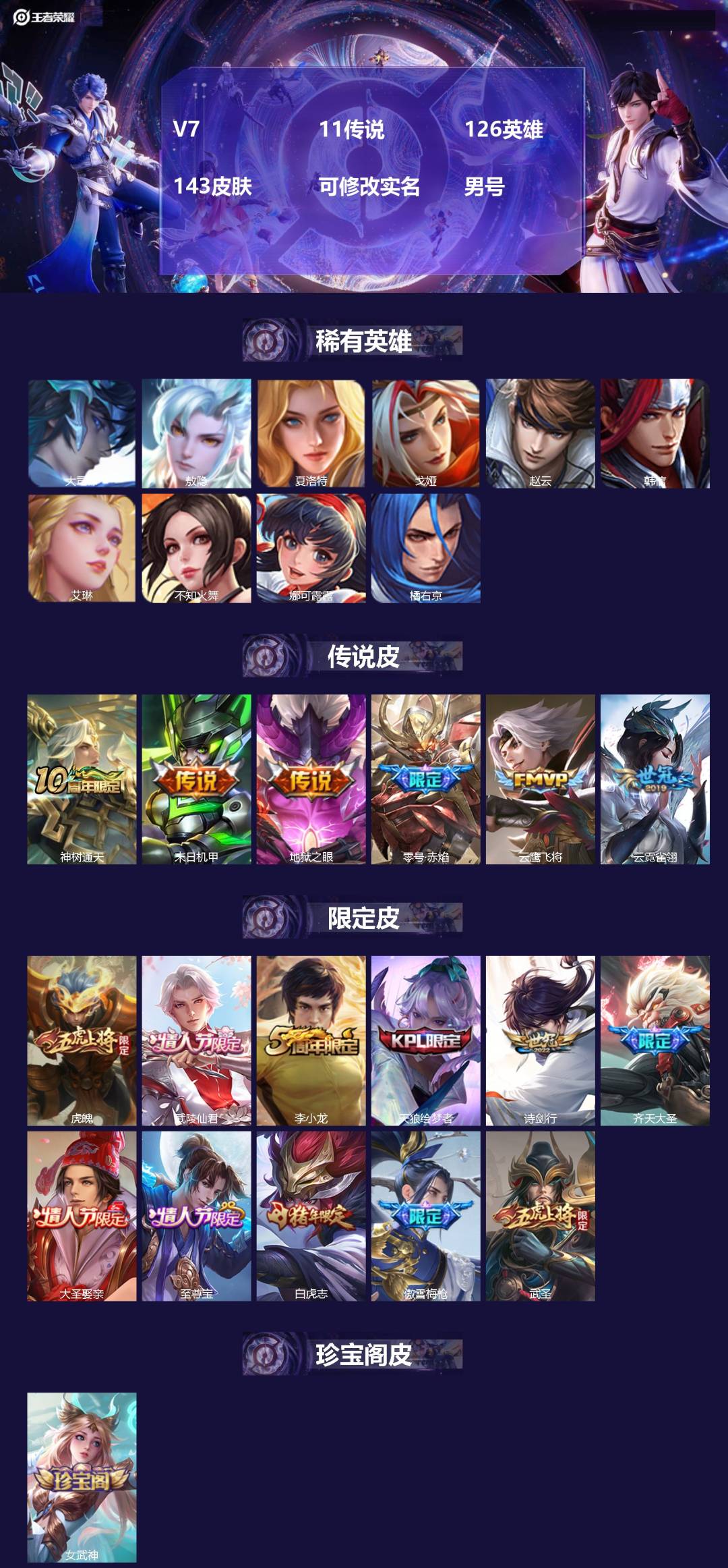 王者荣耀账号安卓QQ[]V7 11传说 126英雄 143皮肤 可修改实名 男号 
【英雄全皮】蚩奼全皮,大禹全皮
【稀