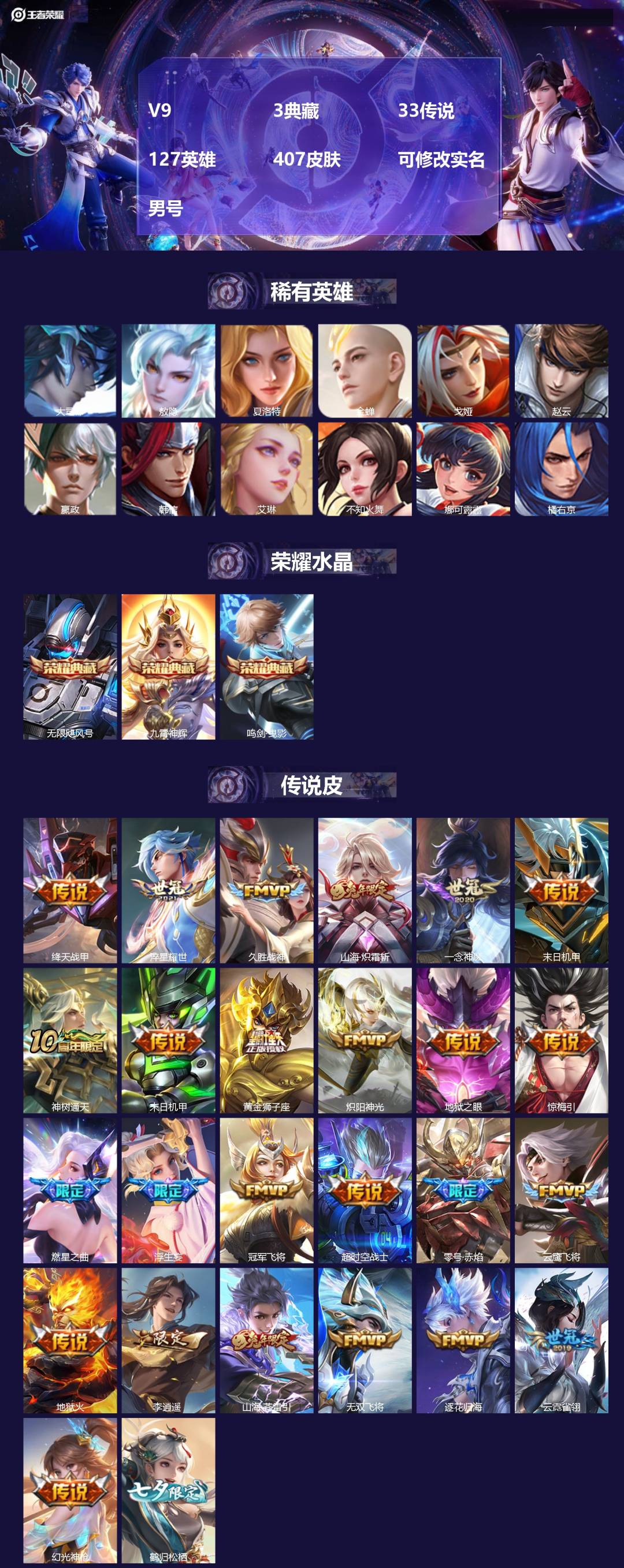 王者荣耀账号苹果QQ[17779555]V9 3典藏 33传说 127英雄 407皮肤 可修改实名 男号 
【英雄全皮】