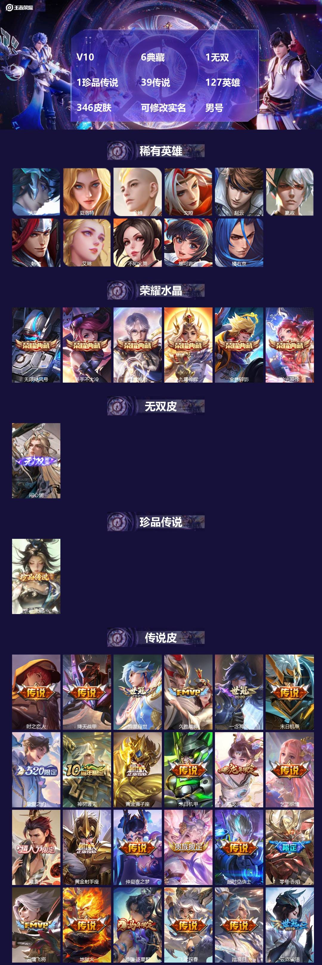 王者荣耀账号安卓QQV10 6典藏 1无双 1珍品传说 39传说 127英雄 346皮肤 可修改实名 男号 
【英雄全皮