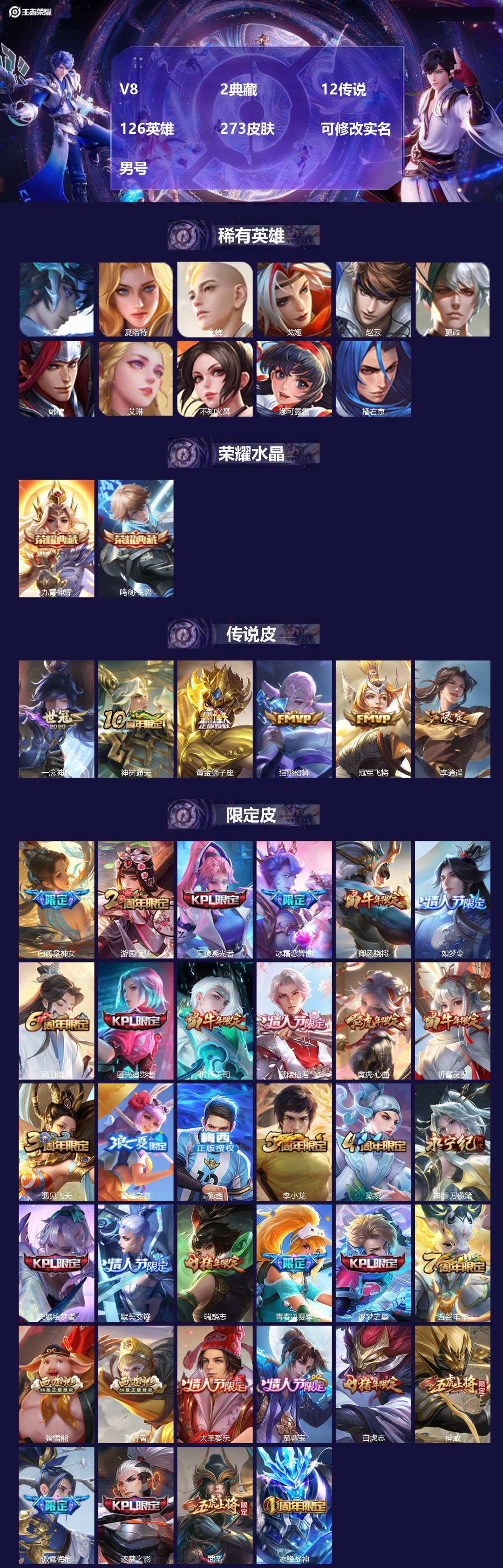 王者荣耀账号苹果QQ[17782426]V8 2典藏 12传说 126英雄 273皮肤 可修改实名 男号 
【英雄全皮】