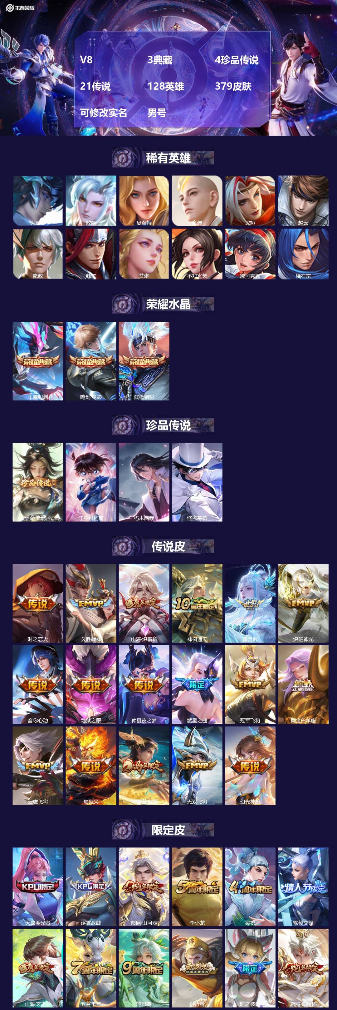 王者荣耀账号苹果QQ[17782430]V8 3典藏 4珍品传说 21传说 128英雄 379皮肤 可修改实名 男号 
