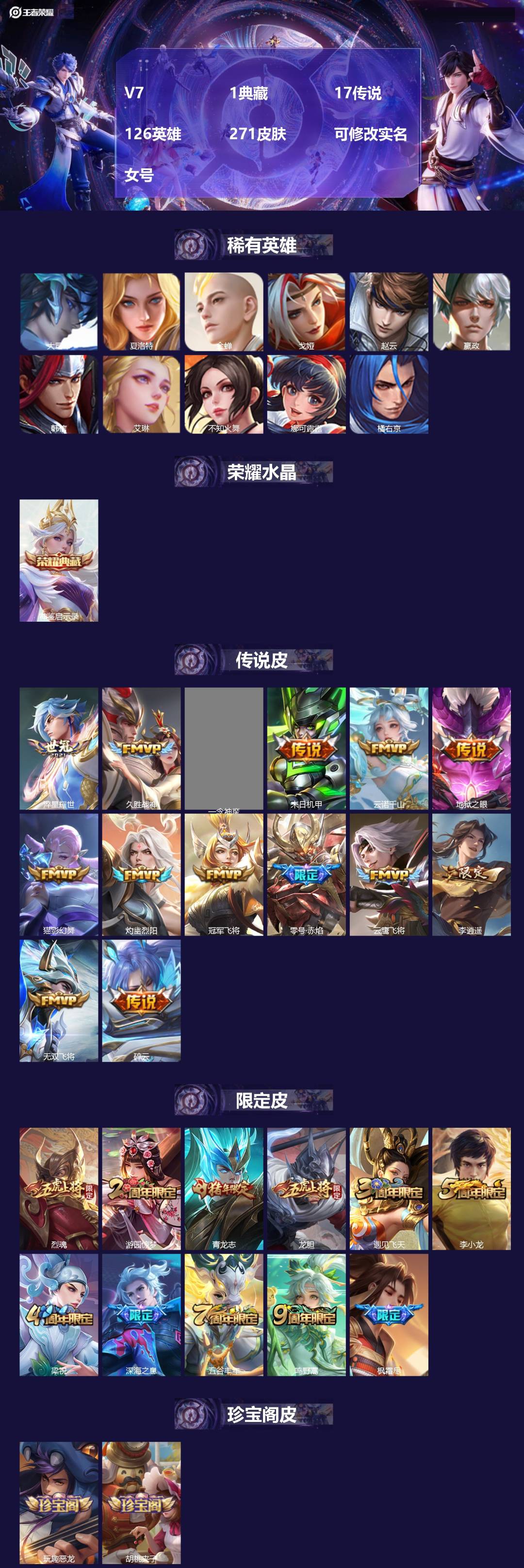 王者荣耀账号安卓QQV7 1典藏 17传说 126英雄 271皮肤 可修改实名 女号 
【英雄全皮】橘右京全皮
【稀有英