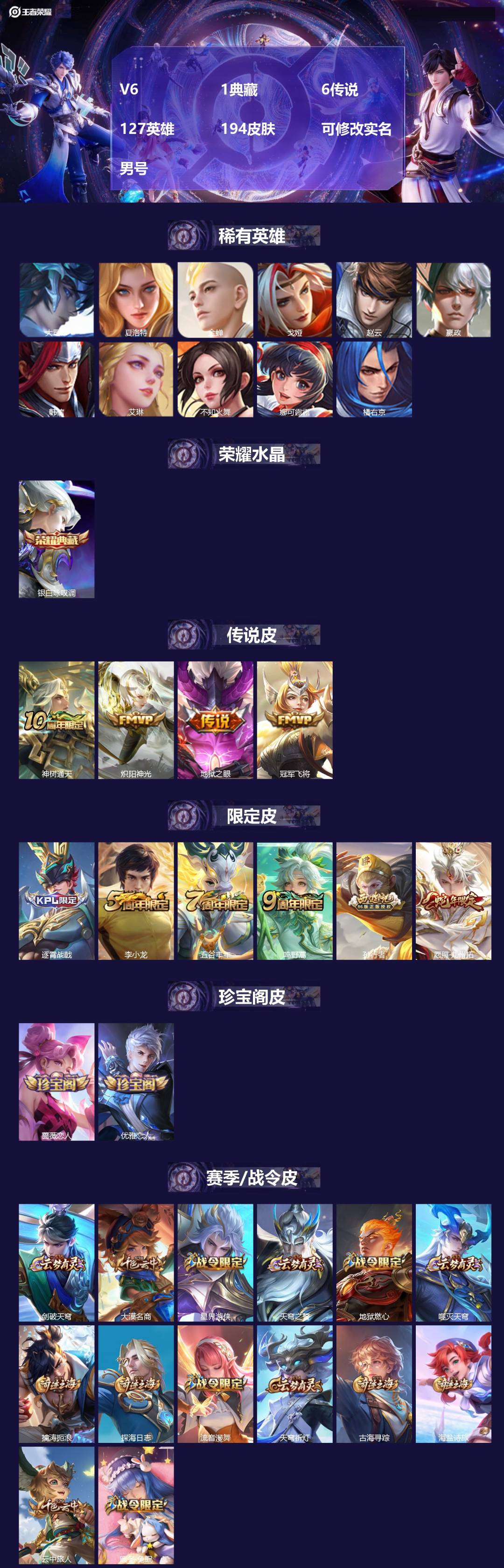 王者荣耀账号安卓QQ[17784349]V6 1典藏 6传说 127英雄 194皮肤 可修改实名 男号 
【英雄全皮】孙