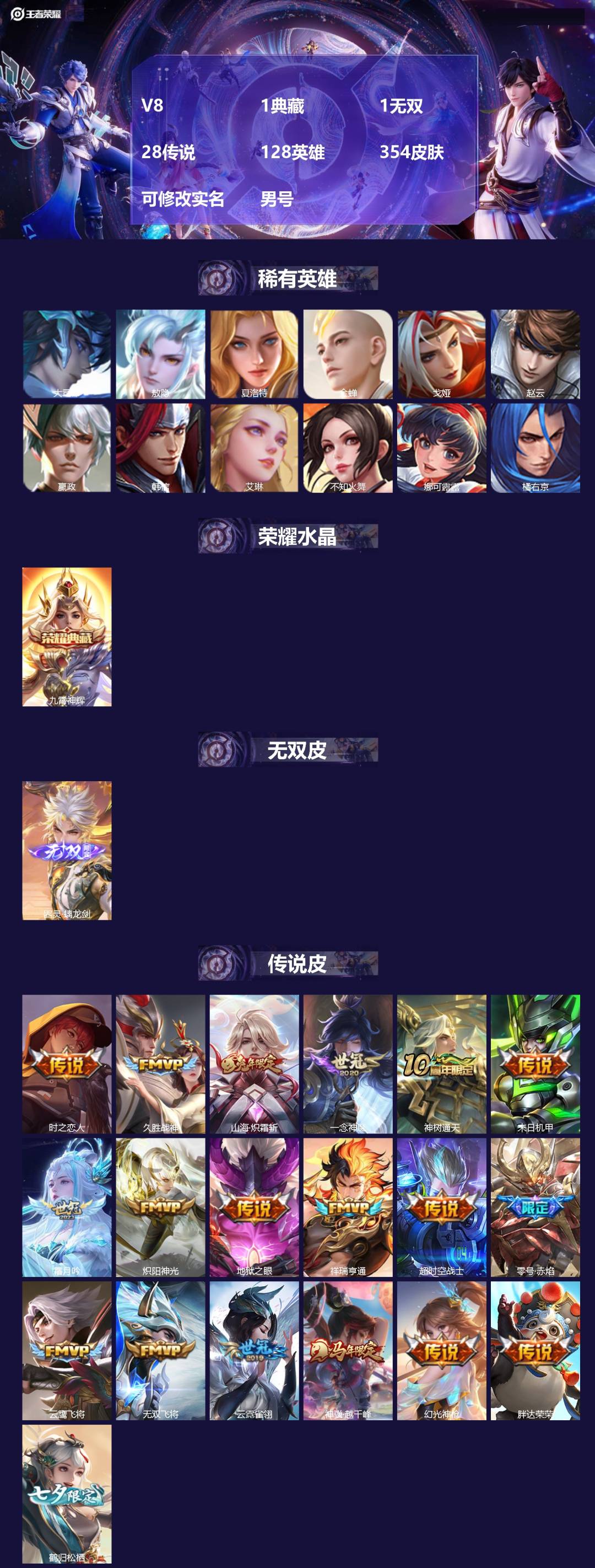 王者荣耀账号安卓QQ[17784651]V8 1典藏 1无双 28传说 128英雄 354皮肤 可修改实名 男号 
【英