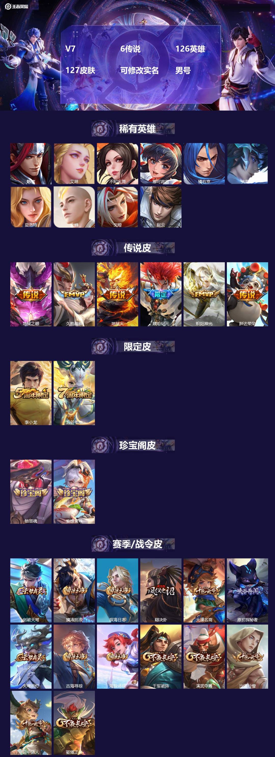 王者荣耀账号苹果QQ[]V7 6传说 126英雄 127皮肤 可修改实名 男号 
【英雄全皮】孙权全皮,大禹全皮
【稀有