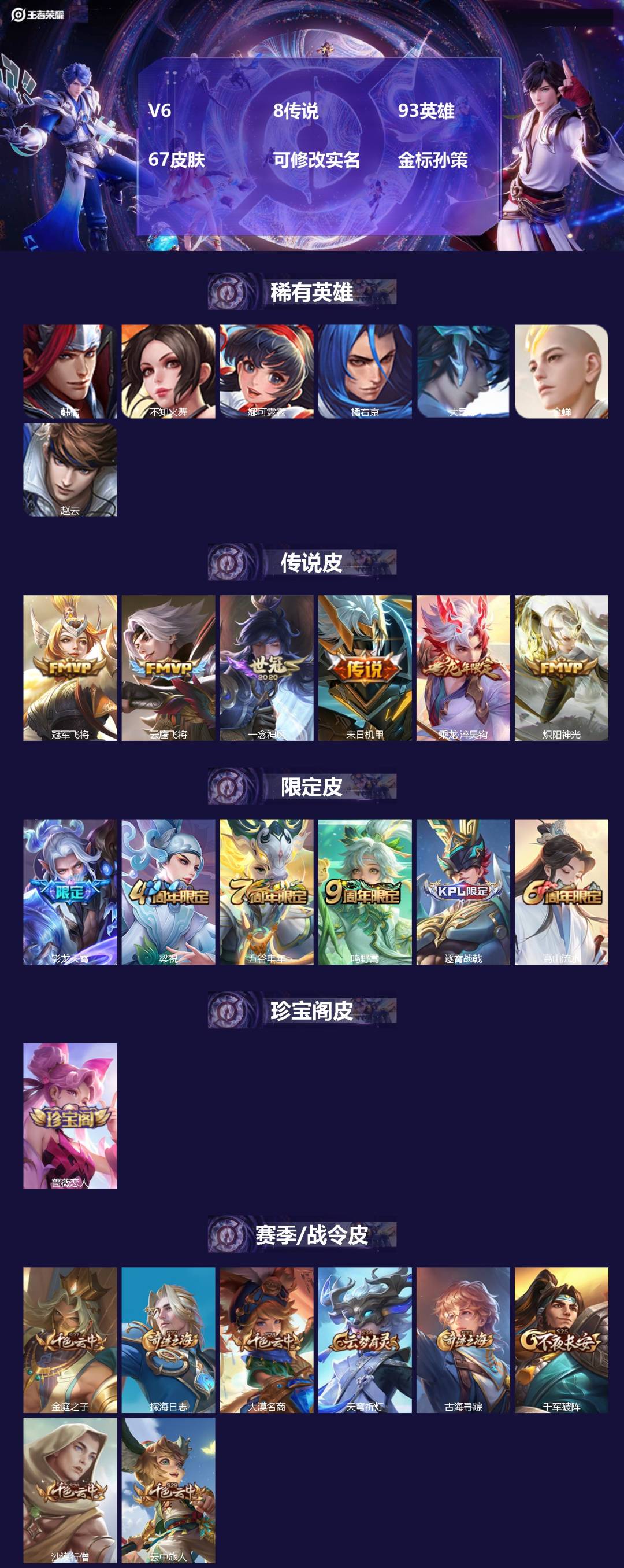 王者荣耀账号苹果QQ[]V6 8传说 93英雄 67皮肤 可修改实名 金标孙策
【稀有英雄】大司命,韩信(韩跳跳),橘右