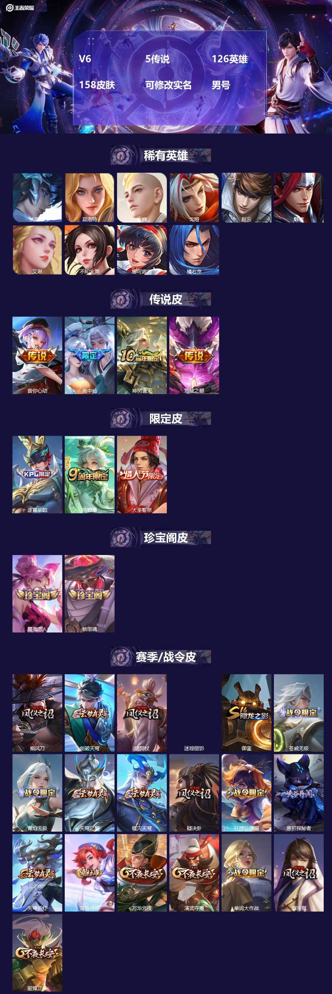 王者荣耀账号安卓QQ[]V6 5传说 126英雄 158皮肤 可修改实名 男号 
【英雄全皮】孙权全皮,大禹全皮
【稀有