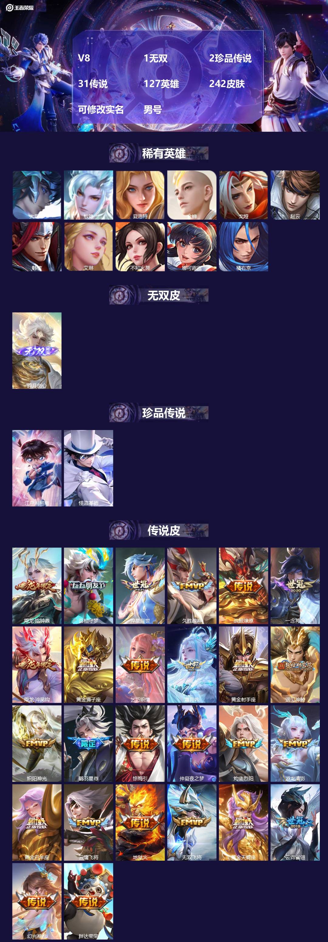 王者荣耀账号安卓QQ[]V8 1无双 2珍品传说 31传说 127英雄 242皮肤 可修改实名 男号 
【英雄全皮】大禹