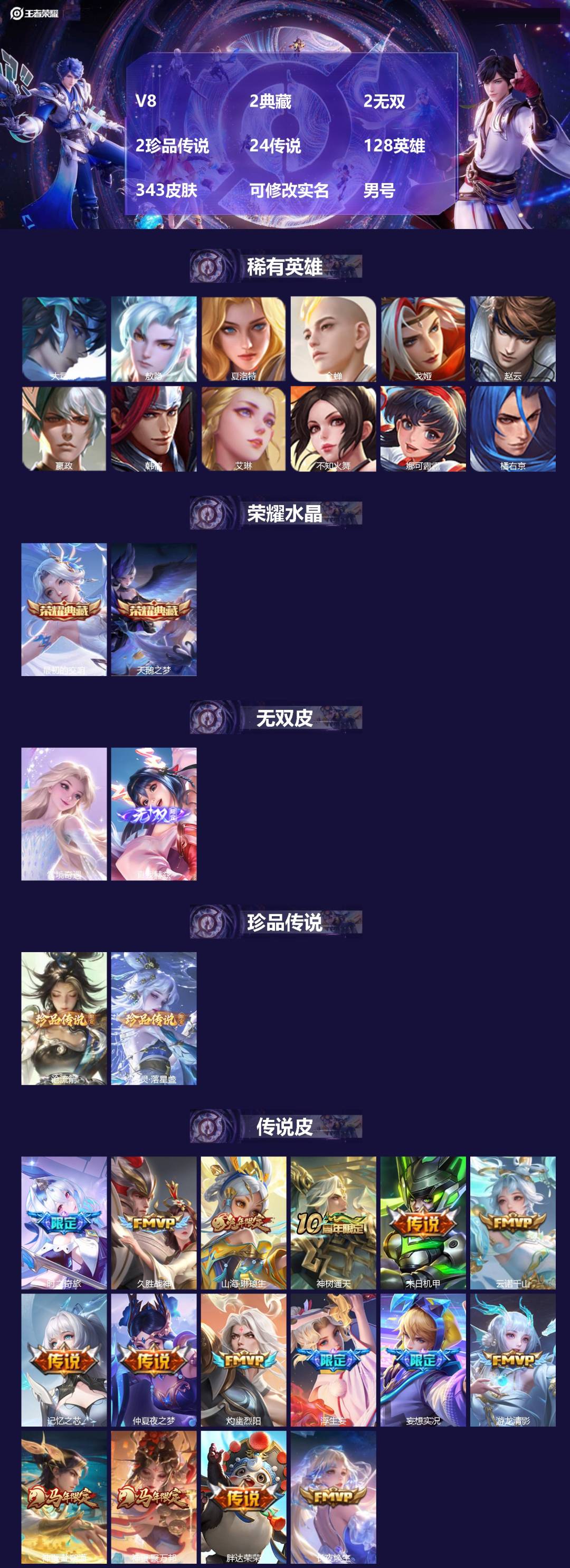 王者荣耀账号安卓QQV8 2典藏 2无双 2珍品传说 24传说 128英雄 343皮肤 可修改实名 男号 
【英雄全皮】