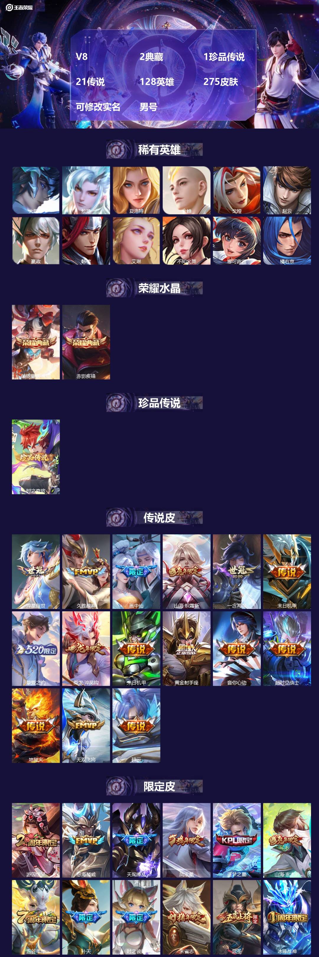 王者荣耀账号安卓QQ[17814807]V8 2典藏 1珍品传说 21传说 128英雄 275皮肤 可修改实名 男号 
