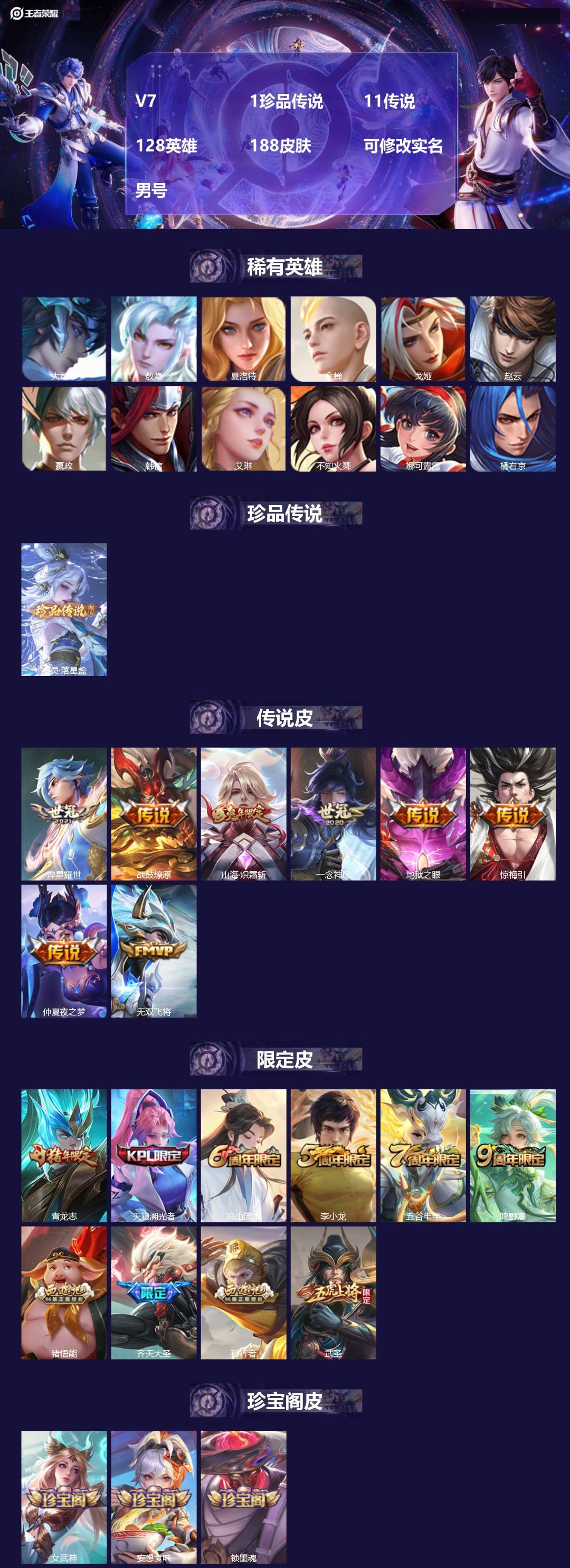 王者荣耀账号安卓QQ[]V7 1珍品传说 11传说 128英雄 188皮肤 可修改实名 男号 
【英雄全皮】大禹全皮
【