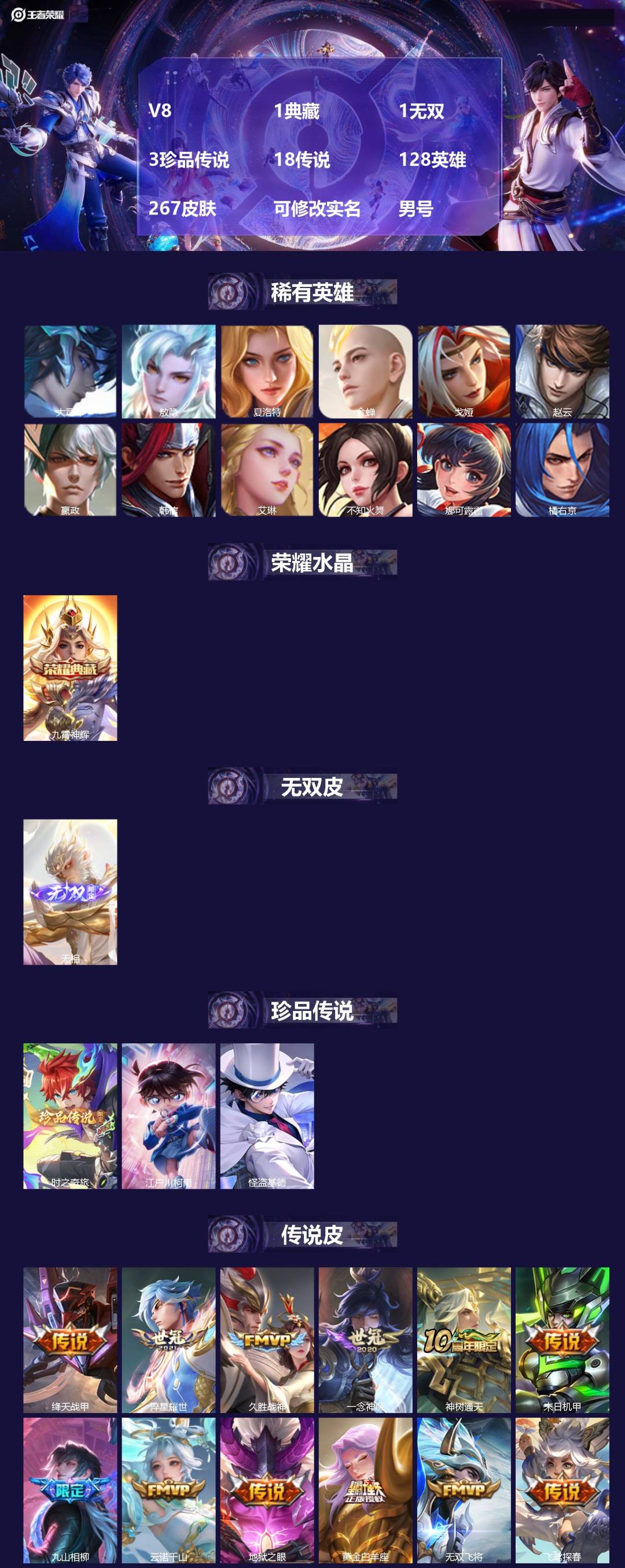 王者荣耀账号安卓QQ[17815810]V8 1典藏 1无双 3珍品传说 18传说 128英雄 267皮肤 可修改实名 