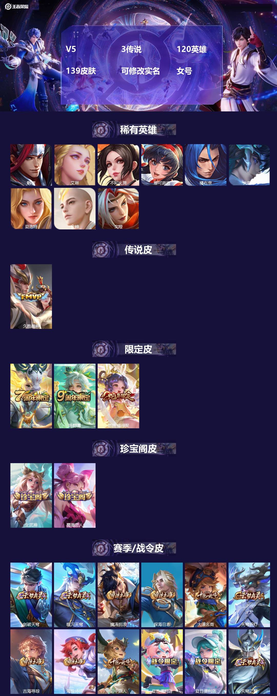 王者荣耀账号安卓VX[]V5 3传说 120英雄 139皮肤 可修改实名 女号 
【英雄全皮】大禹全皮
【稀有英雄】大司