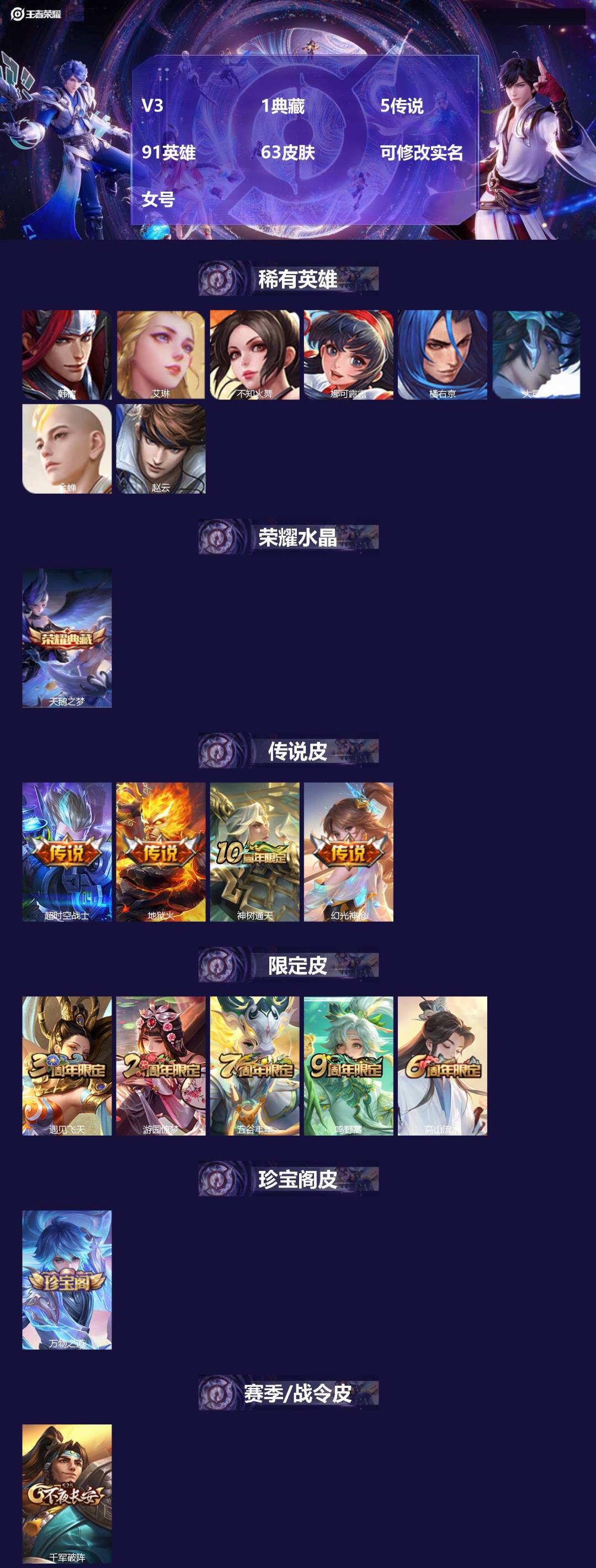 王者荣耀账号安卓QQ91英雄-63皮肤-[]V3 1典藏 5传说 91英雄 63皮肤 可修改实名 女号 
【英雄全皮】蚩