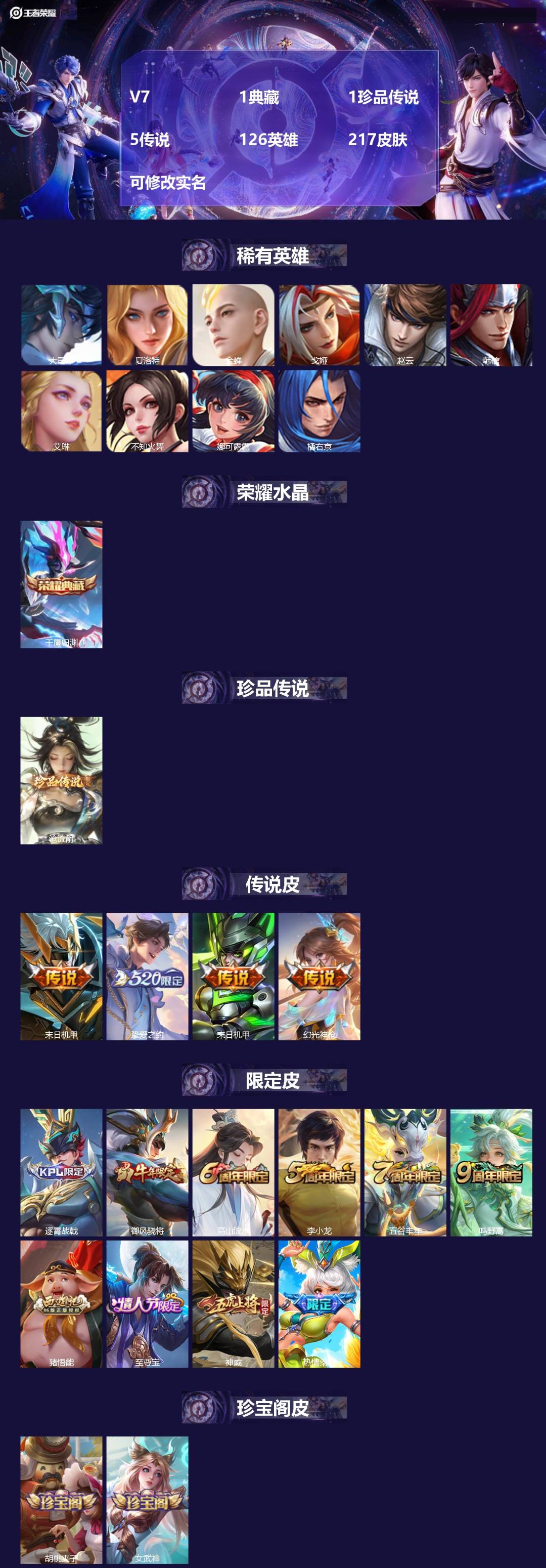 王者荣耀账号安卓QQ[17833802]V7 1典藏 1珍品传说 5传说 126英雄 217皮肤 可修改实名 
【英雄全