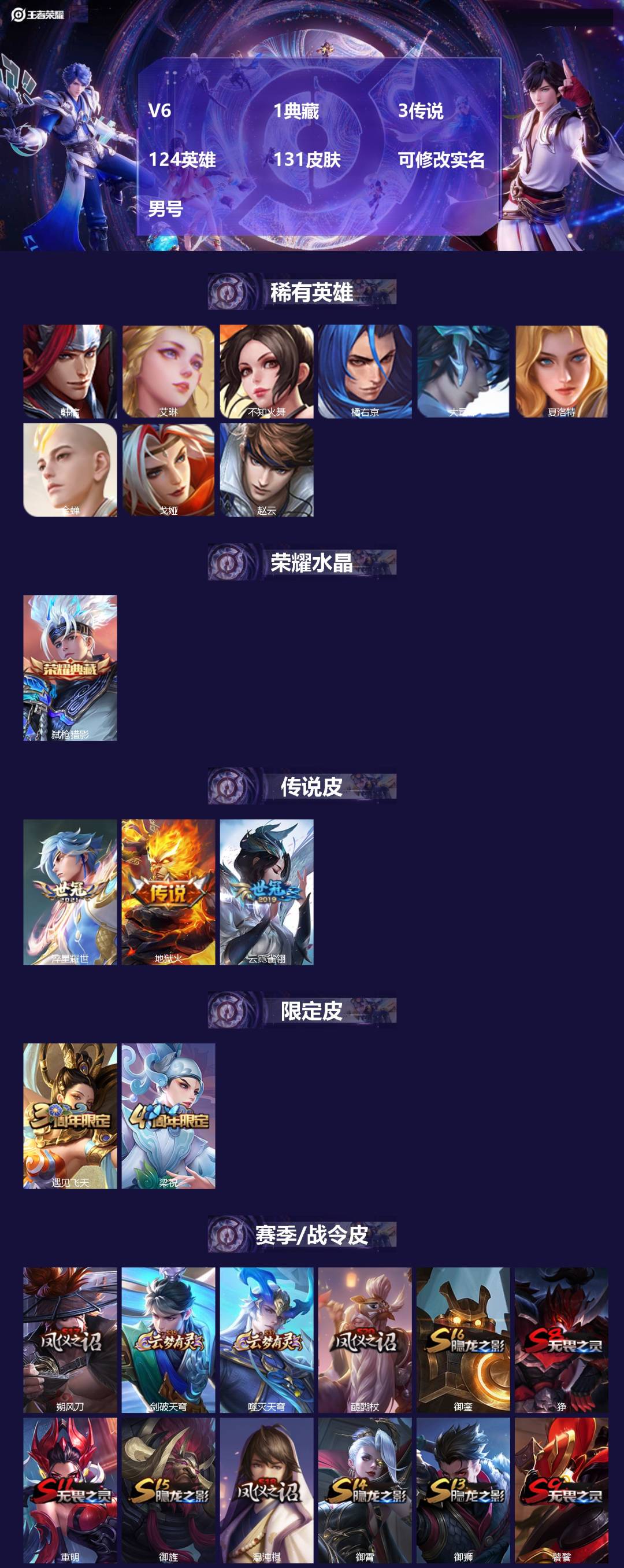 王者荣耀账号安卓QQ[17833878]V6 1典藏 3传说 124英雄 131皮肤 可修改实名 男号 
【稀有英雄】大