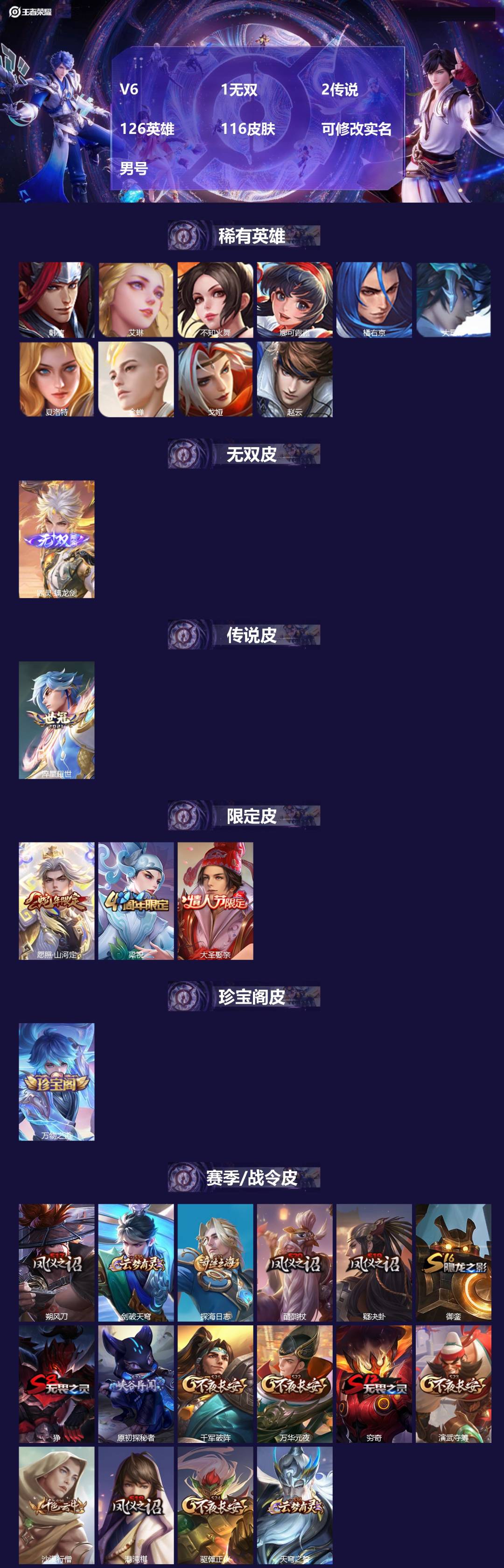 王者荣耀账号安卓QQ[17835037]V6 1无双 2传说 126英雄 116皮肤 可修改实名 男号 
【英雄全皮】大