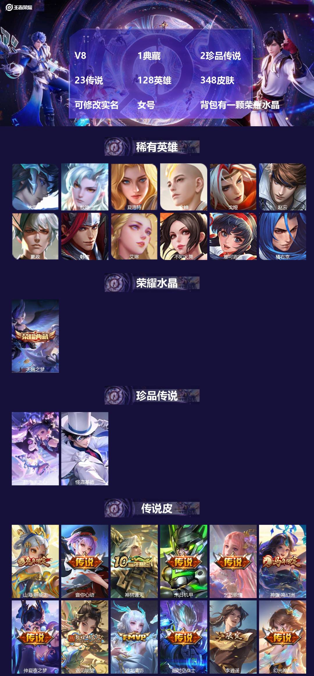 王者荣耀账号苹果QQV8 1典藏 2珍品传说 23传说 128英雄 348皮肤 可修改实名 女号 背包有一颗荣耀水晶
【