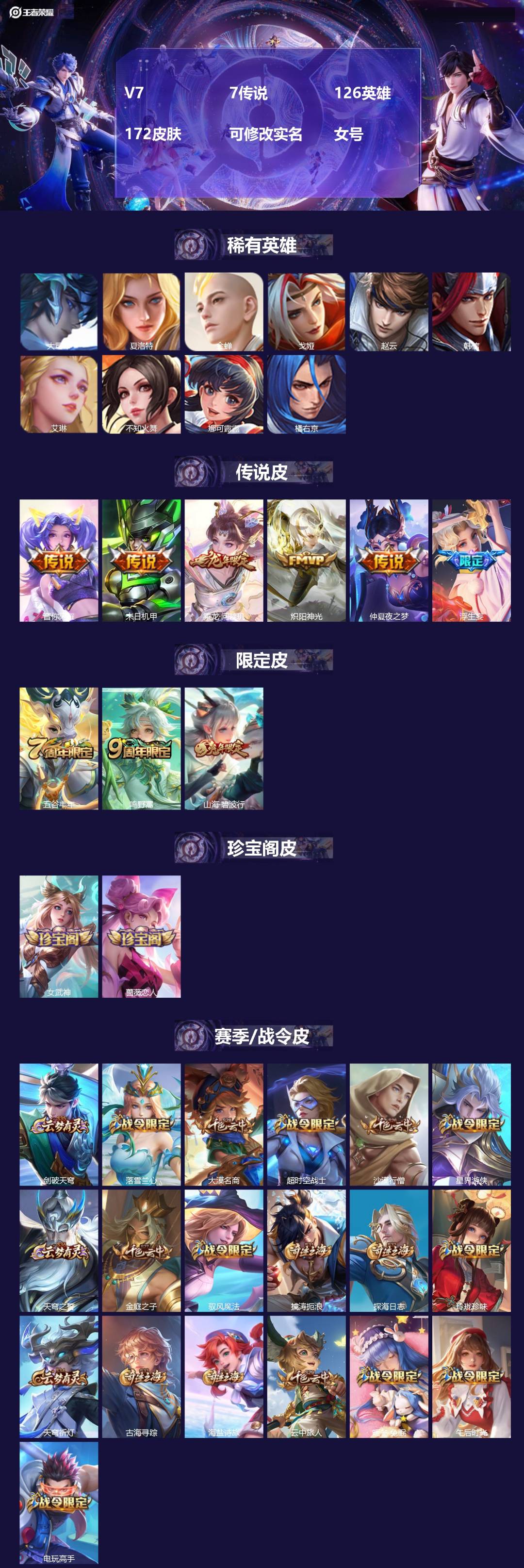 王者荣耀账号安卓QQ[]V7 7传说 126英雄 172皮肤 可修改实名 女号 
【英雄全皮】孙权全皮,夏洛特全皮,大禹