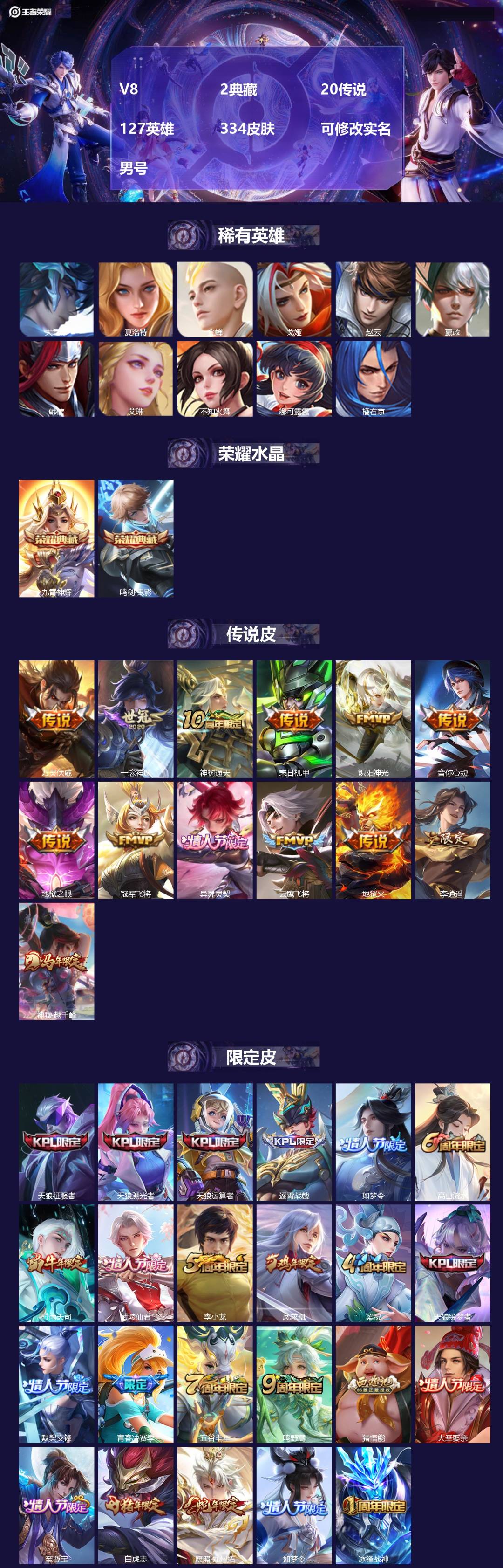 王者荣耀账号苹果QQ[17848438]V8 2典藏 20传说 127英雄 334皮肤 可修改实名 男号 
【英雄全皮】