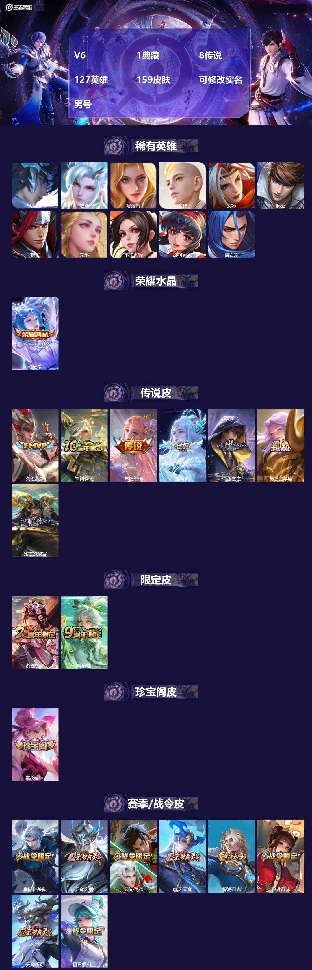 王者荣耀账号安卓VX[17849000]V6 1典藏 8传说 127英雄 159皮肤 可修改实名 男号 
【英雄全皮】少