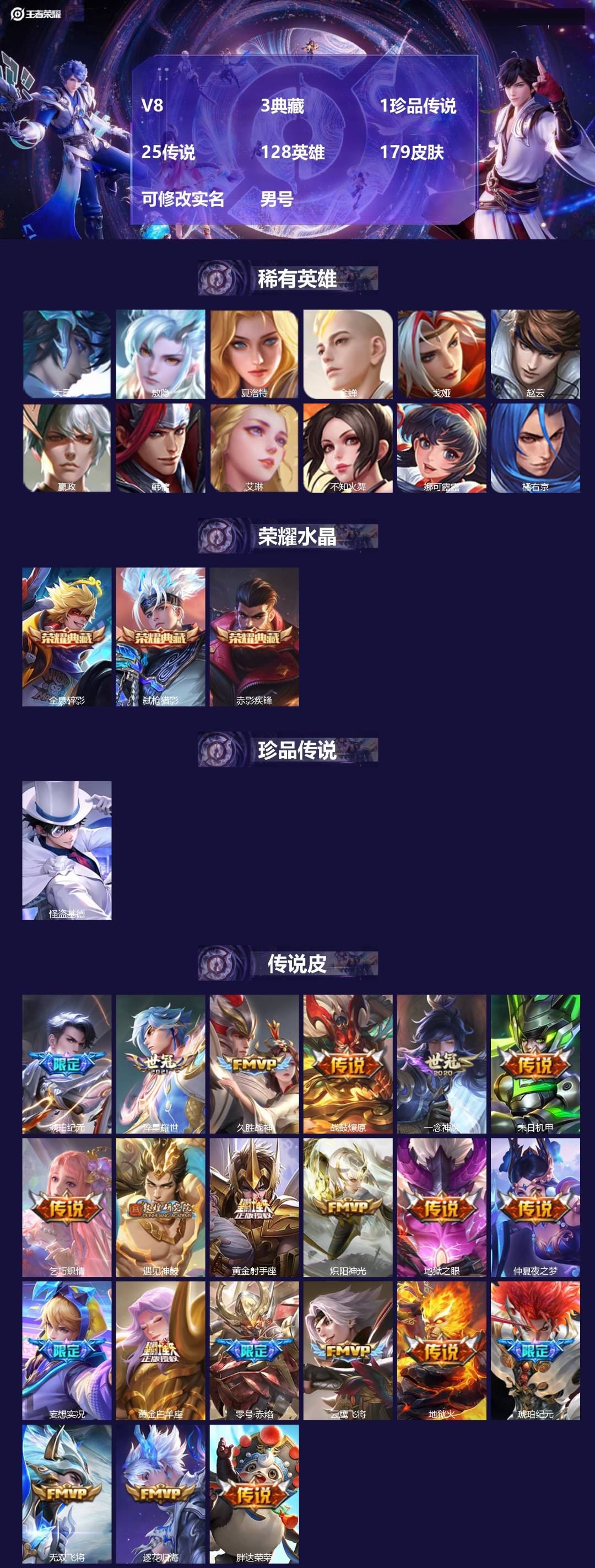 王者荣耀账号安卓QQ[17872832]V8 3典藏 1珍品传说 25传说 128英雄 179皮肤 可修改实名 男号 
