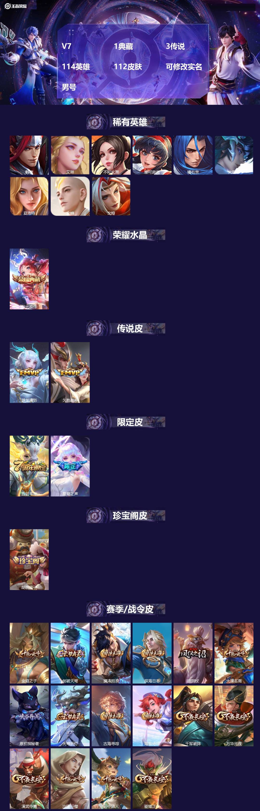 王者荣耀账号安卓QQV7 1典藏 3传说 114英雄 112皮肤 可修改实名 男号 
【稀有英雄】大司命,韩信(韩跳跳)