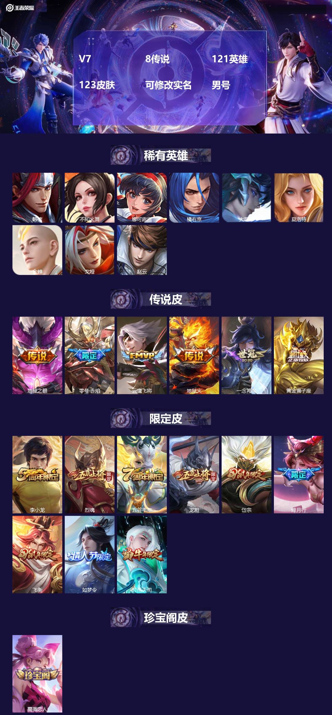 王者荣耀账号安卓QQ[]V7 8传说 121英雄 123皮肤 可修改实名 男号 
【稀有英雄】大司命,韩信(韩跳跳),夏